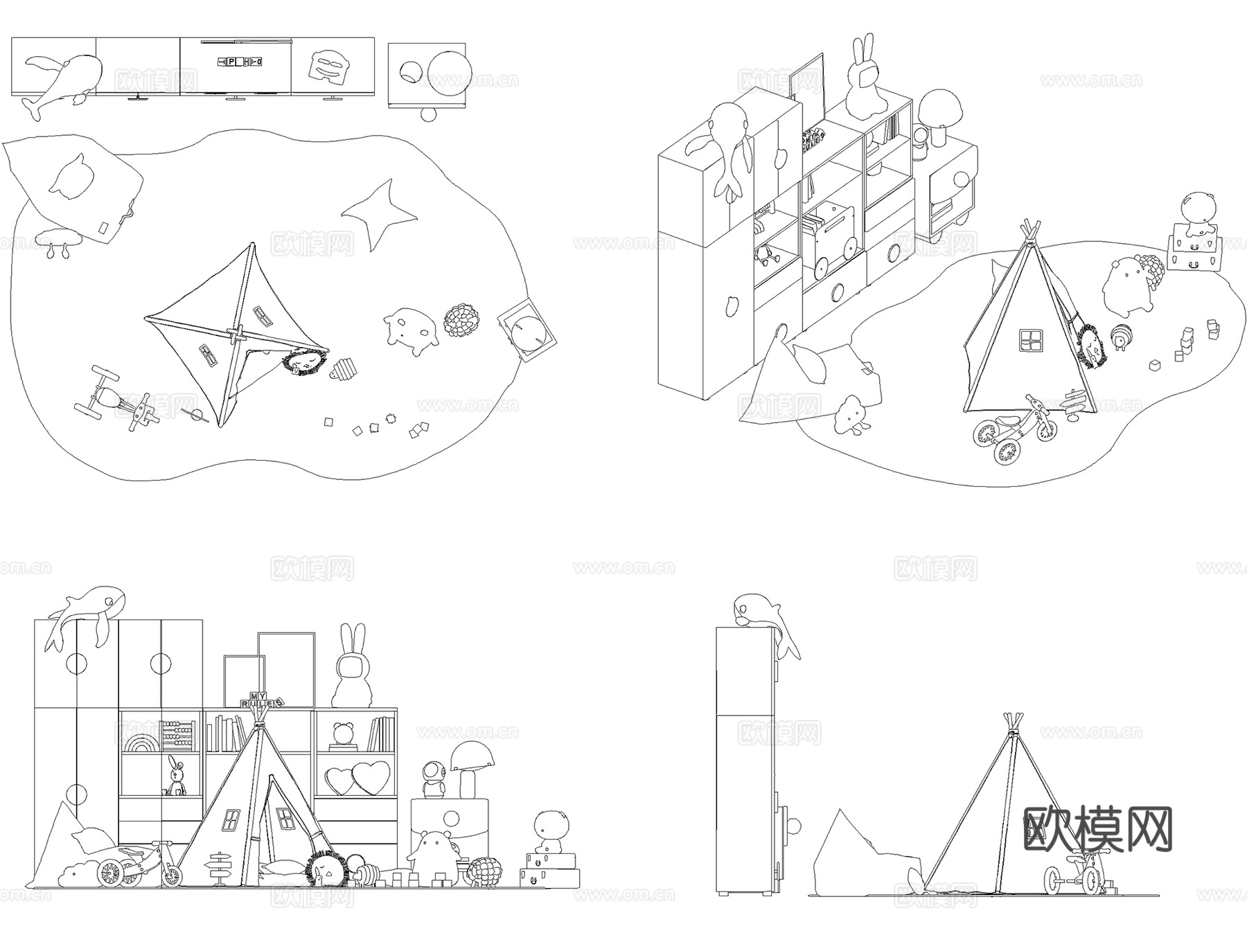 儿童玩具房布置娱乐活动区帐篷积木设施CAD图块图库 16套cad施工图