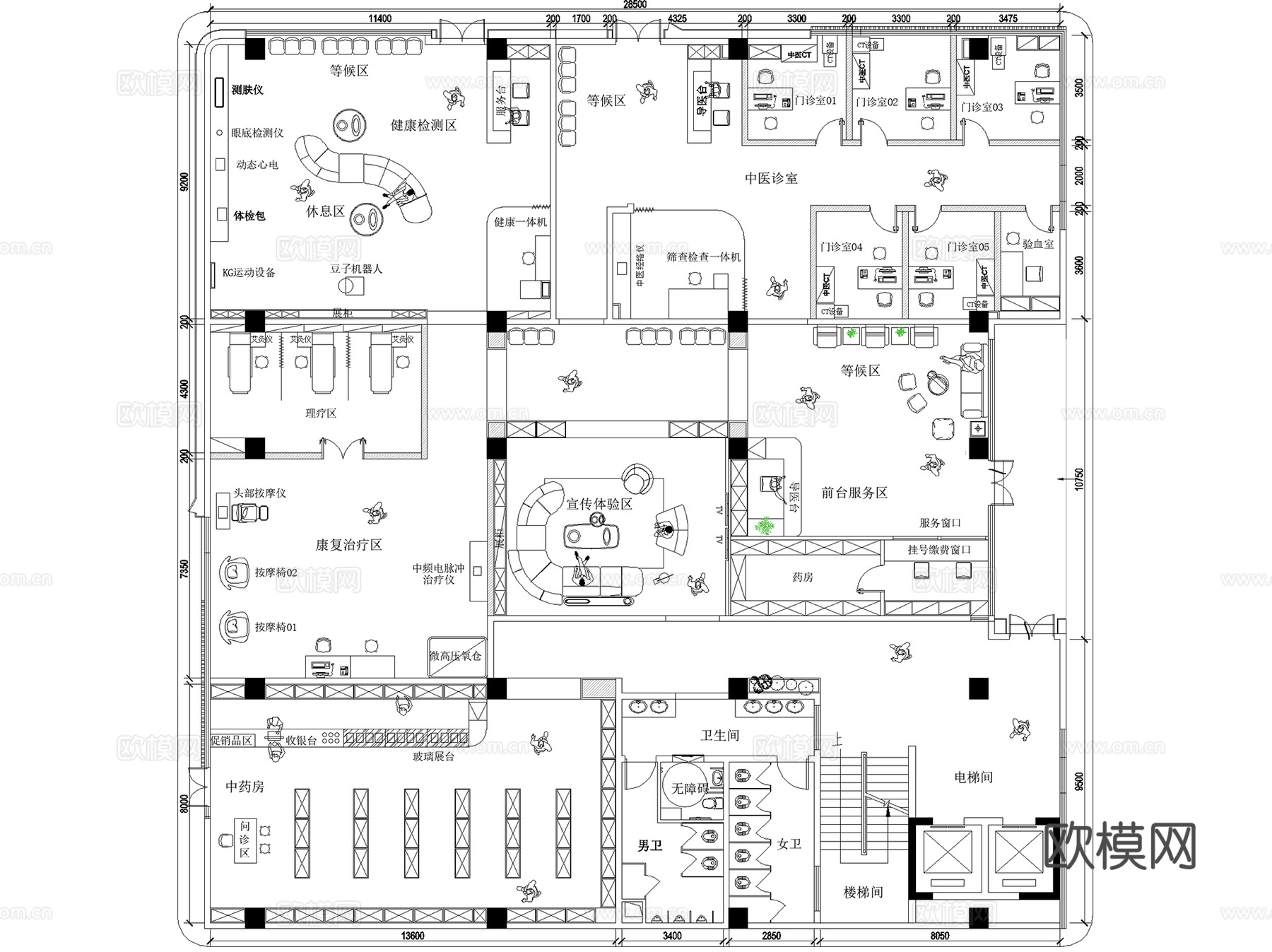 中医院诊所诊室理疗馆门诊体检养生中心药店平面图室内工装CADcad施工图