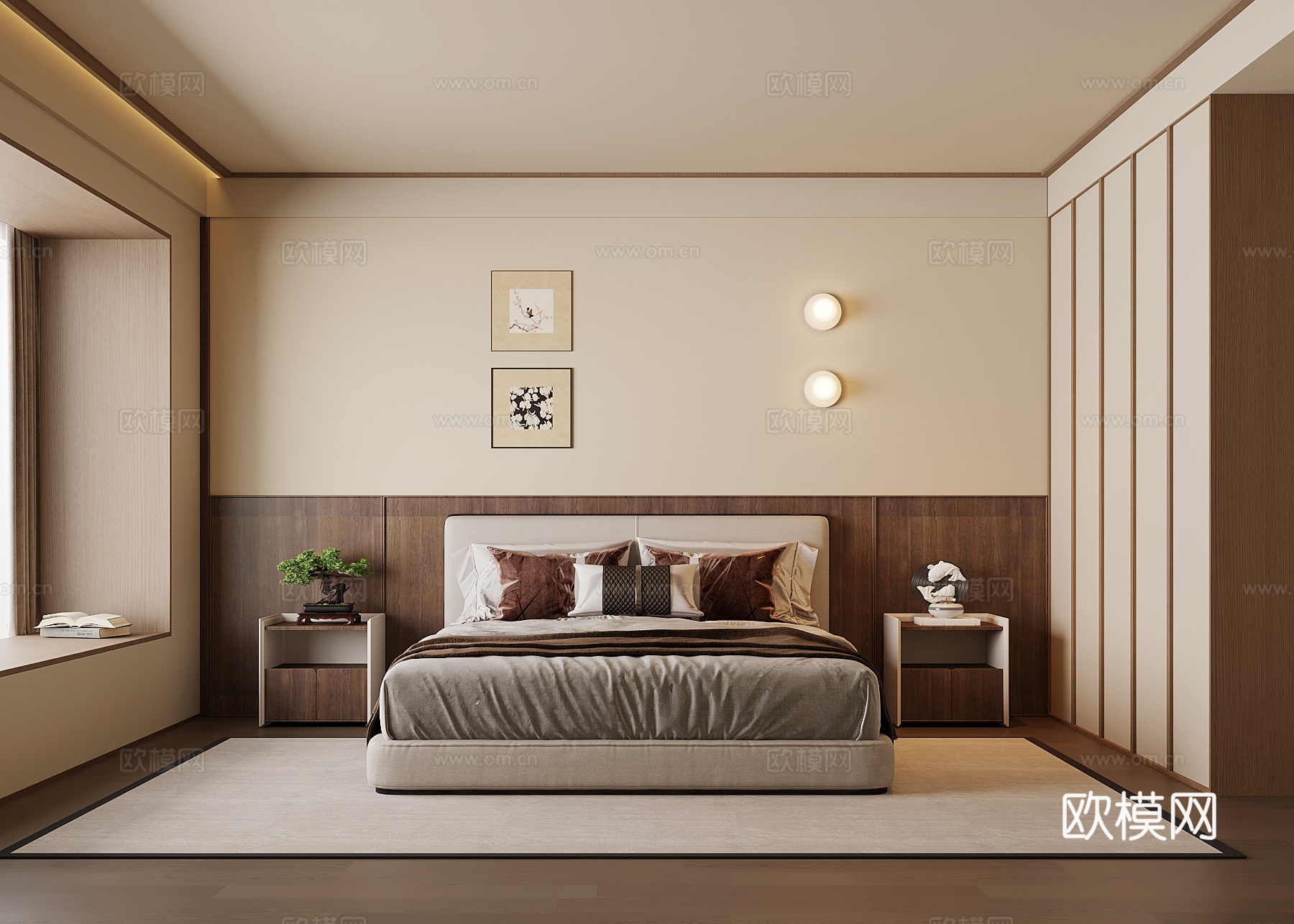 中古风卧室 床 床头柜 衣柜su模型