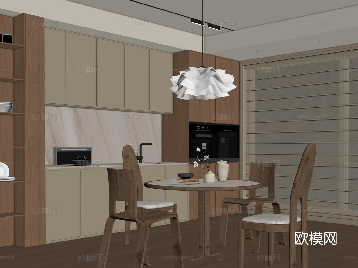 现代中古风餐厅 餐桌椅 圆桌 餐边柜su模型