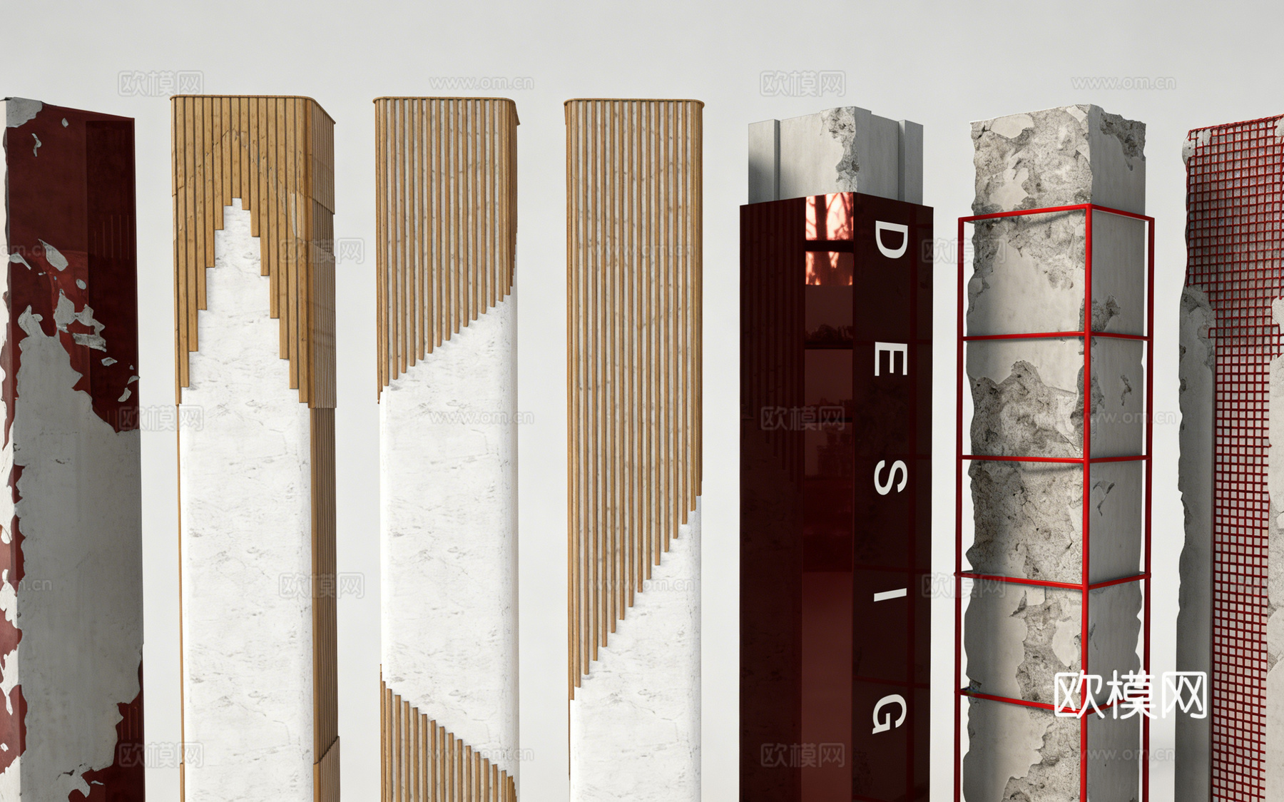 创意多材质建筑装饰柱 斑驳漆面 大理石拼接 网格结构 装饰su模型