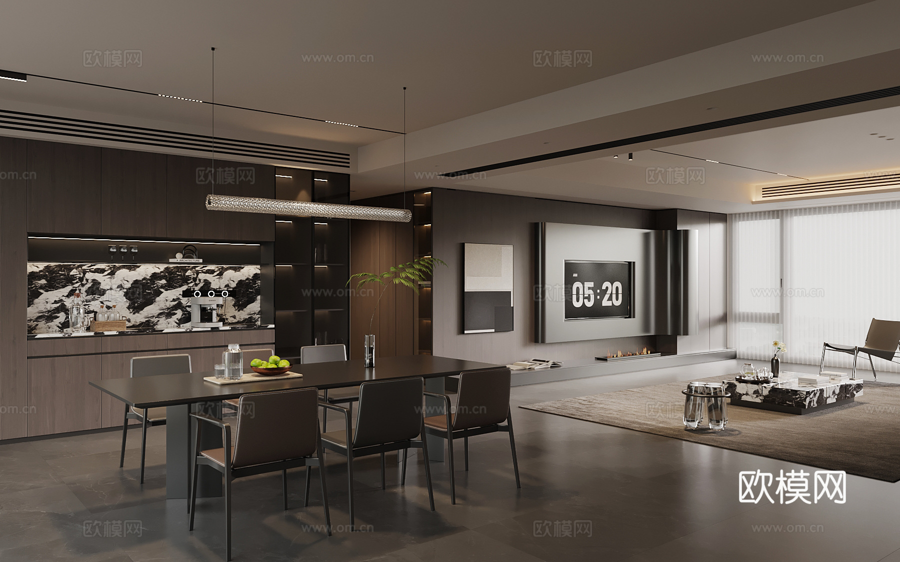 现代意式客餐厅 沙发茶几组合 电视背景墙 酒柜su模型