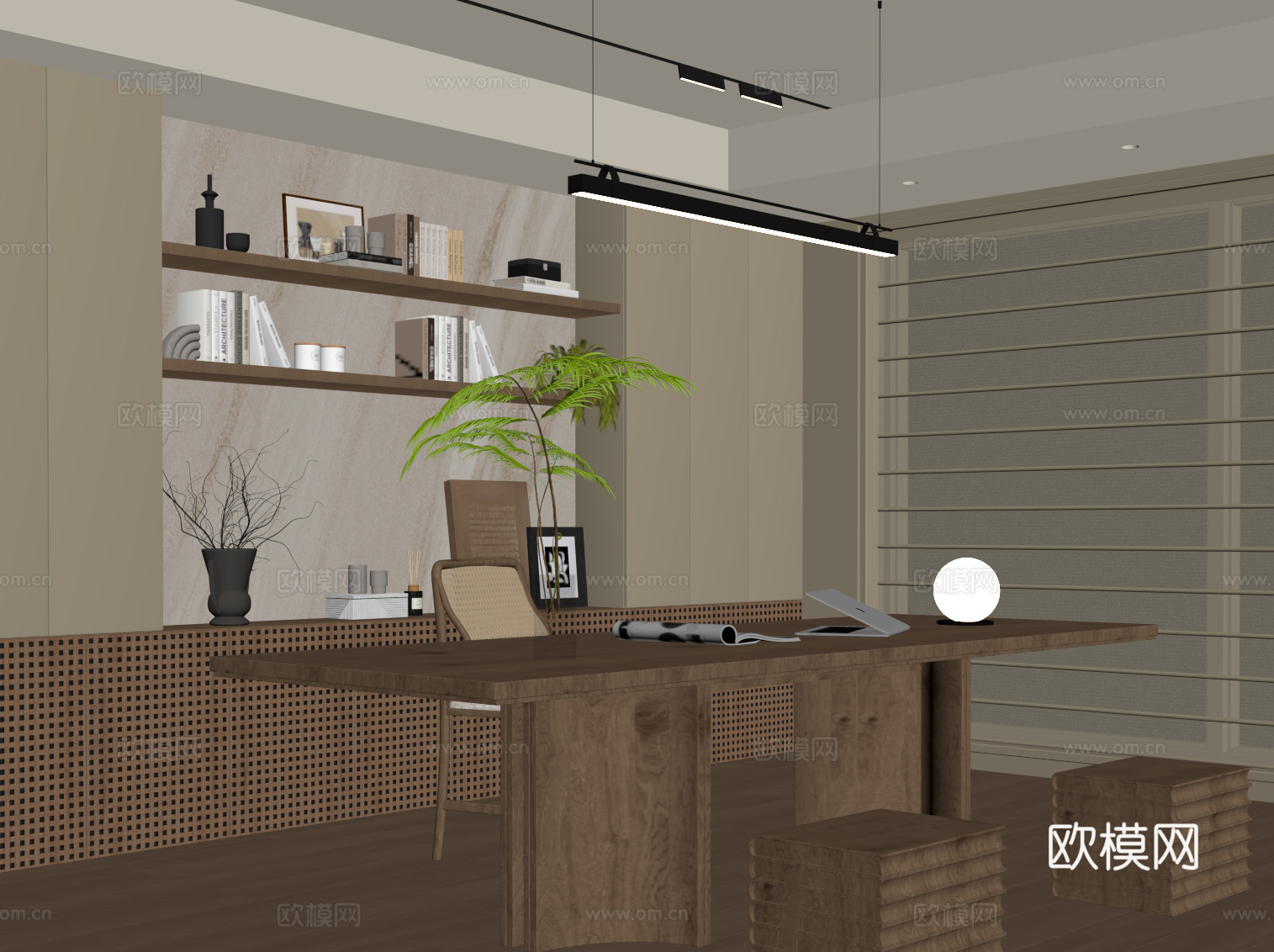 现代中古风书房 书柜 书桌椅su模型