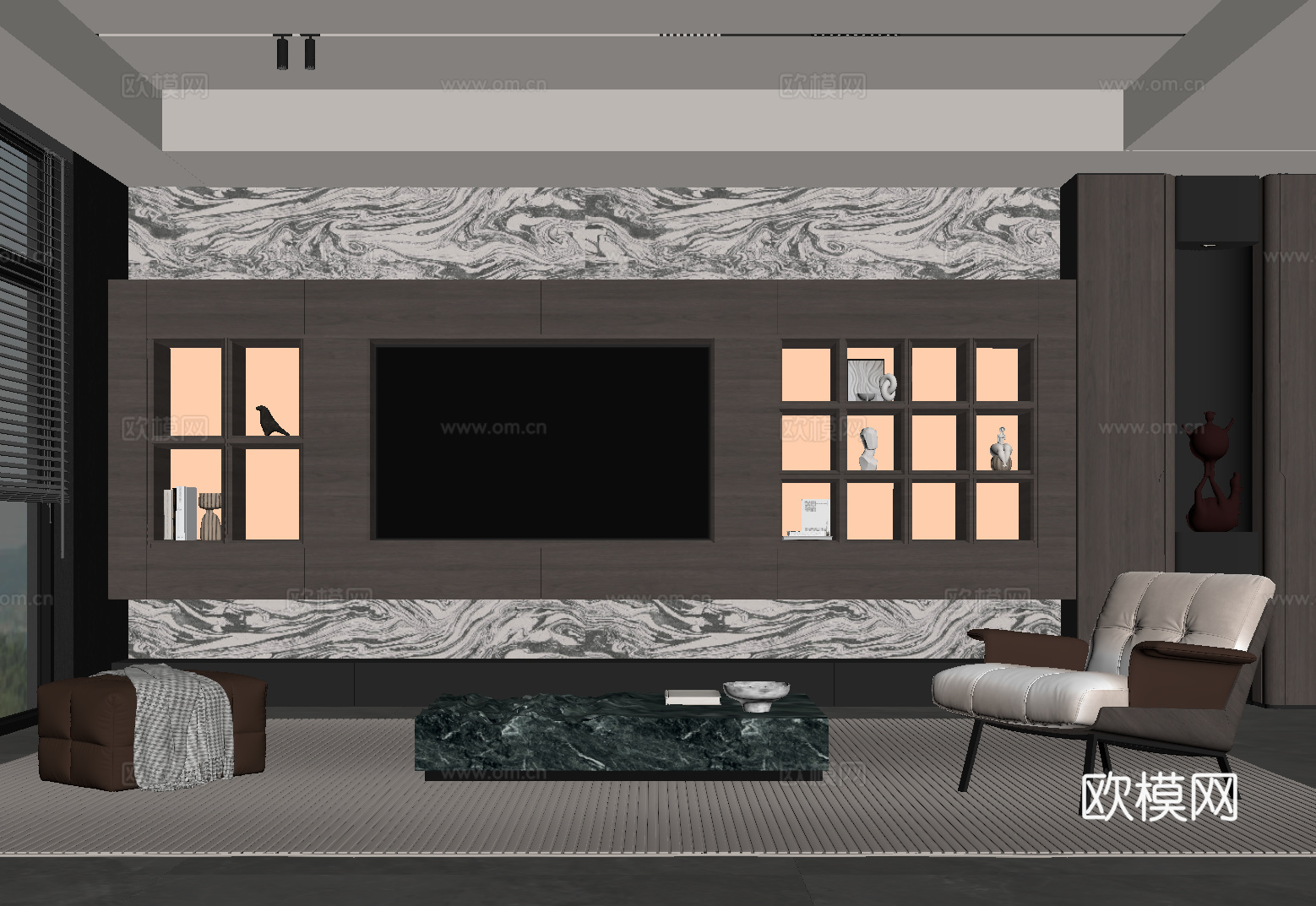 现代意式客厅 电视背景墙su模型