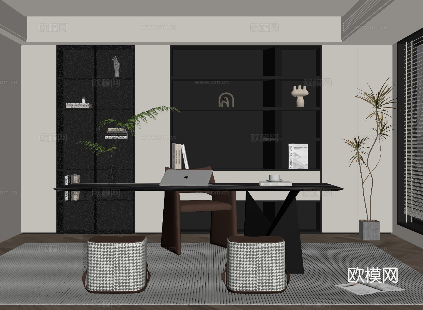 现代书房 书桌椅 书柜su模型