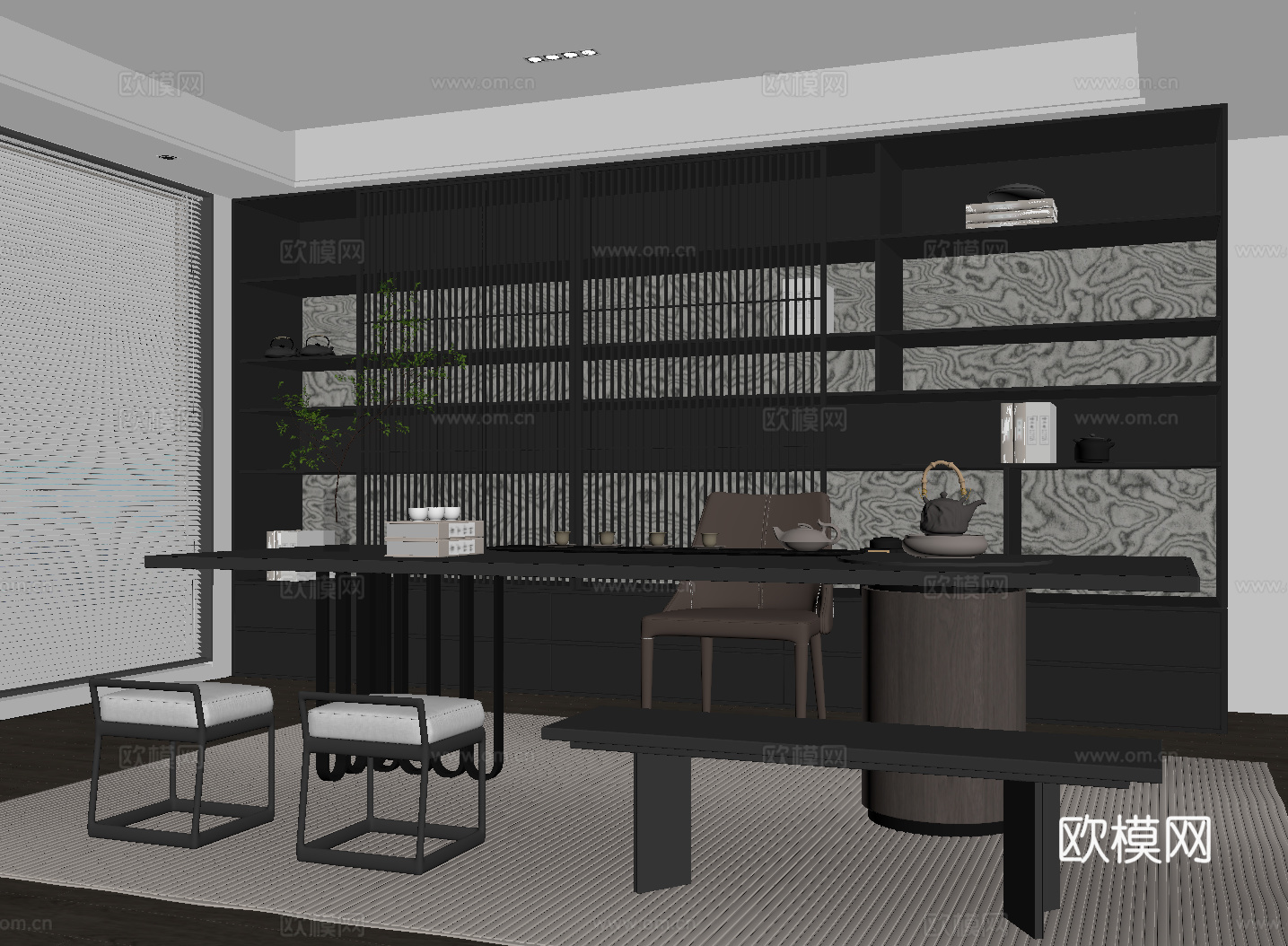 现代意式茶室 茶桌椅 茶柜su模型