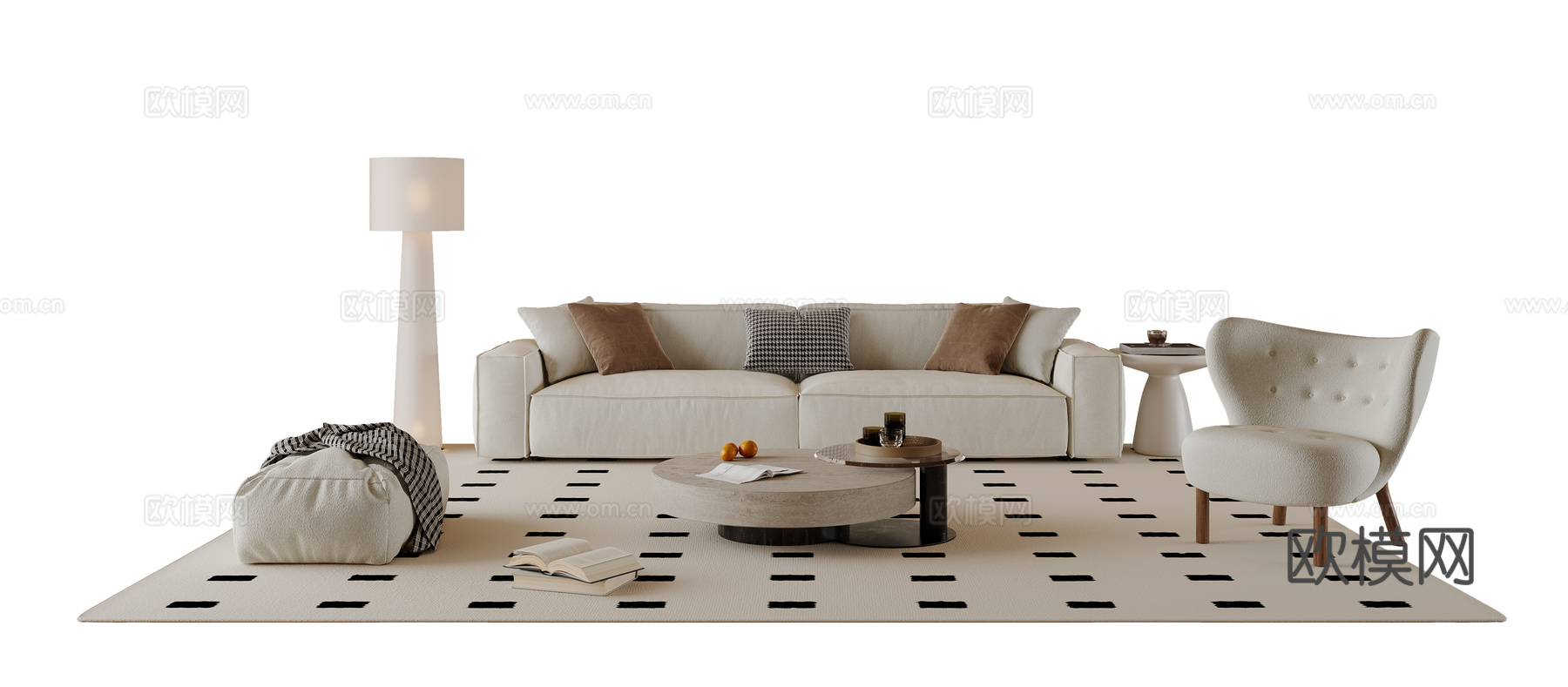 奶油风沙发茶几组合 多人沙发 布艺沙发 休闲椅 地毯su模型