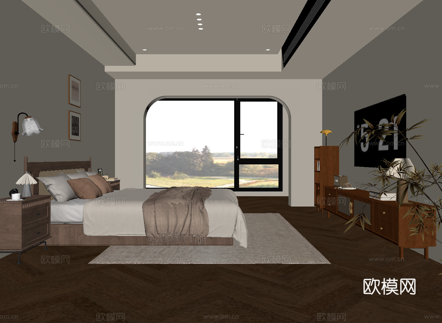 中古风卧室 床 床头柜 电视柜su模型