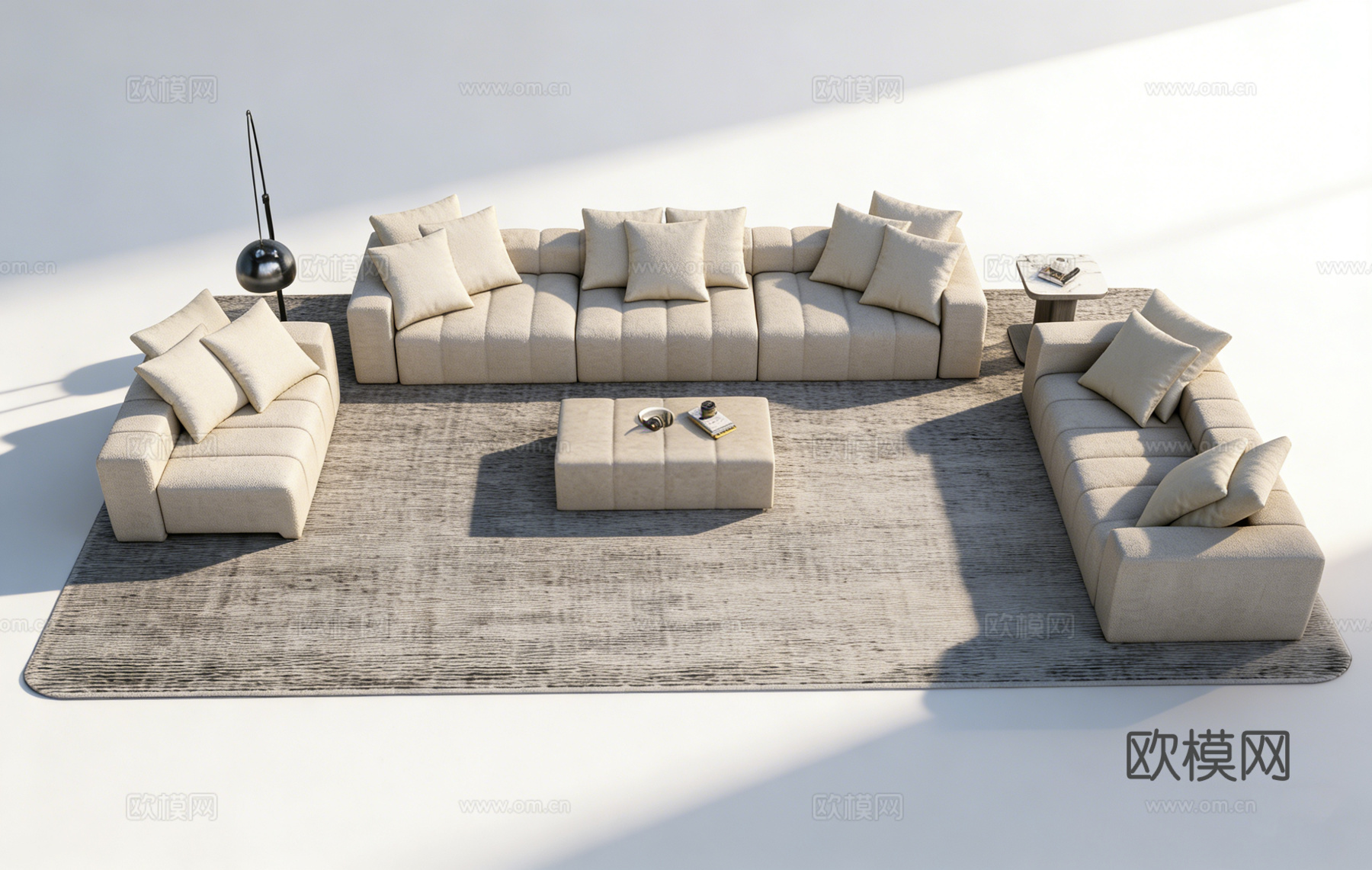 ​ 现代简约浅米色L型布艺沙发 组合沙发 浅米色沙发 黑色落su模型
