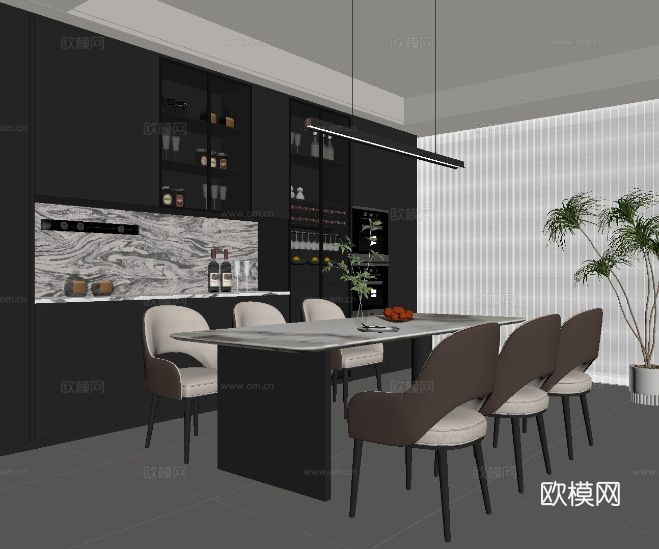 现代意式餐厅 餐桌椅 餐边柜 酒柜su模型