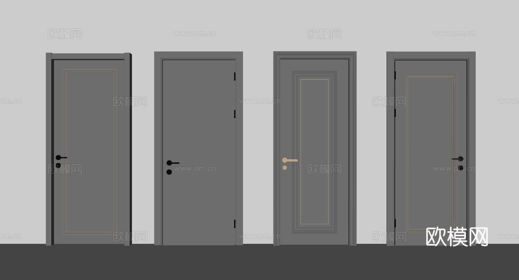 现代轻奢灰色室内门 带金色矩形装饰线条 金色把手 卧室书房门su模型