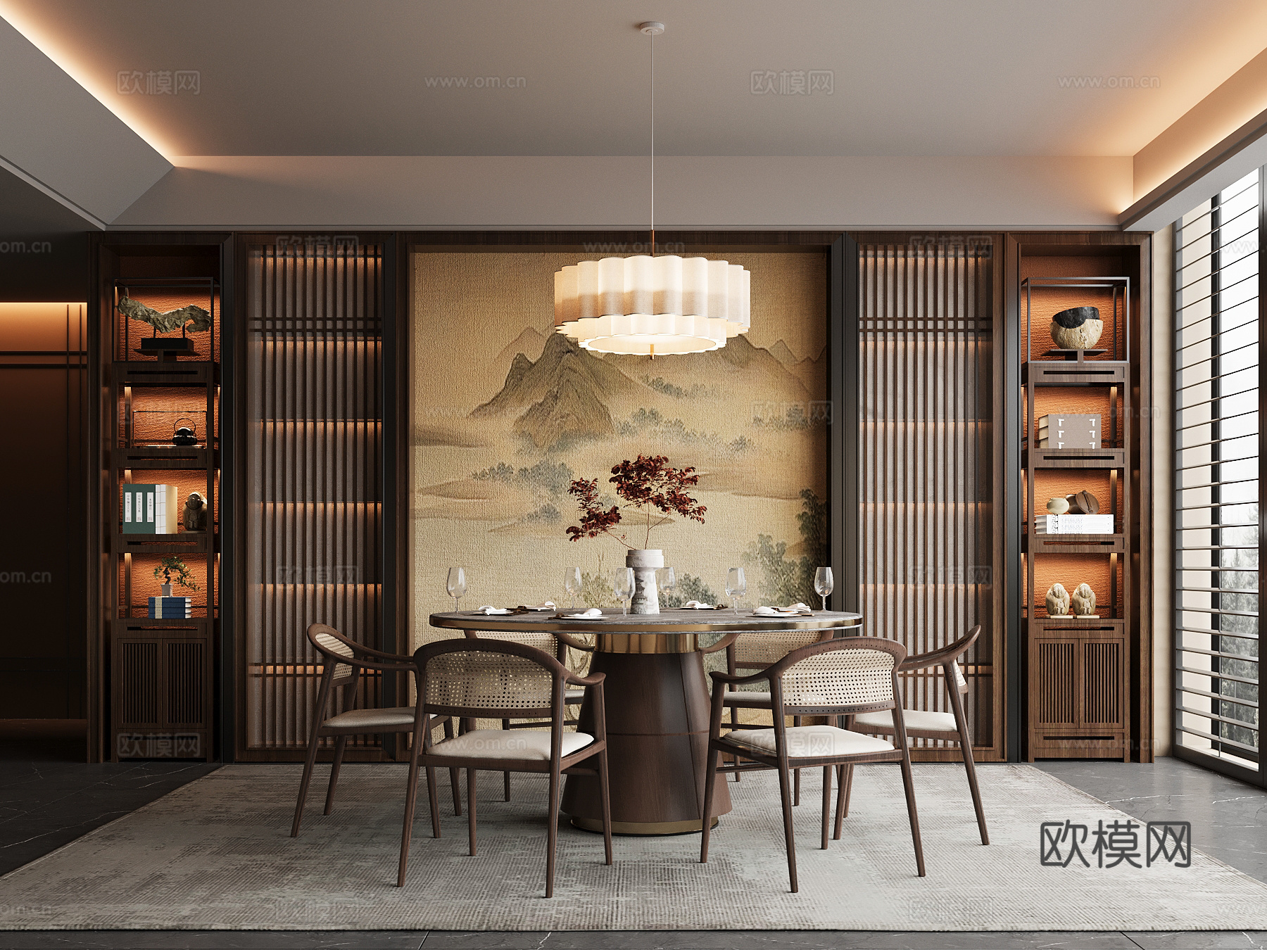 新中式餐厅 餐桌椅su模型