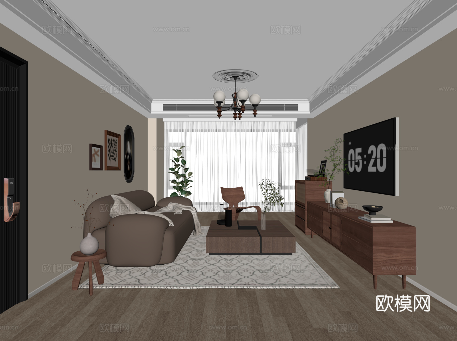 中古复古风家居客厅 电视柜 沙发茶几组合su模型