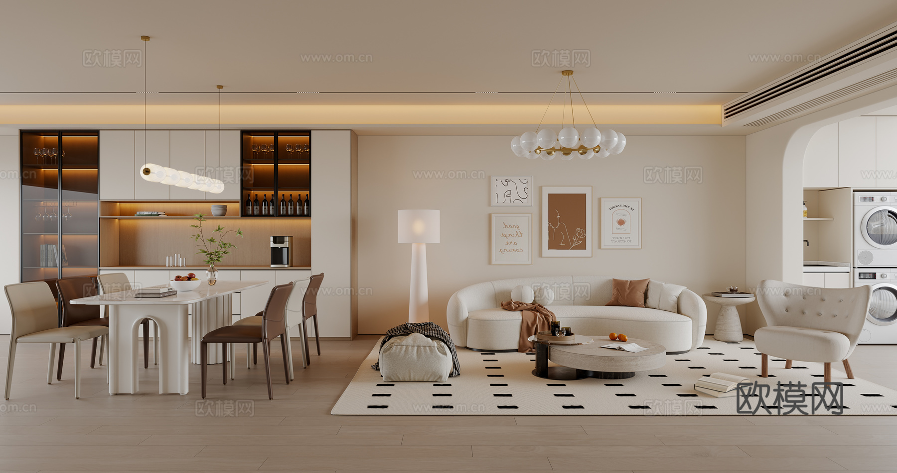 奶油风客餐厅 沙发茶几 茶桌椅 餐边柜 吊灯 挂画 地毯su模型