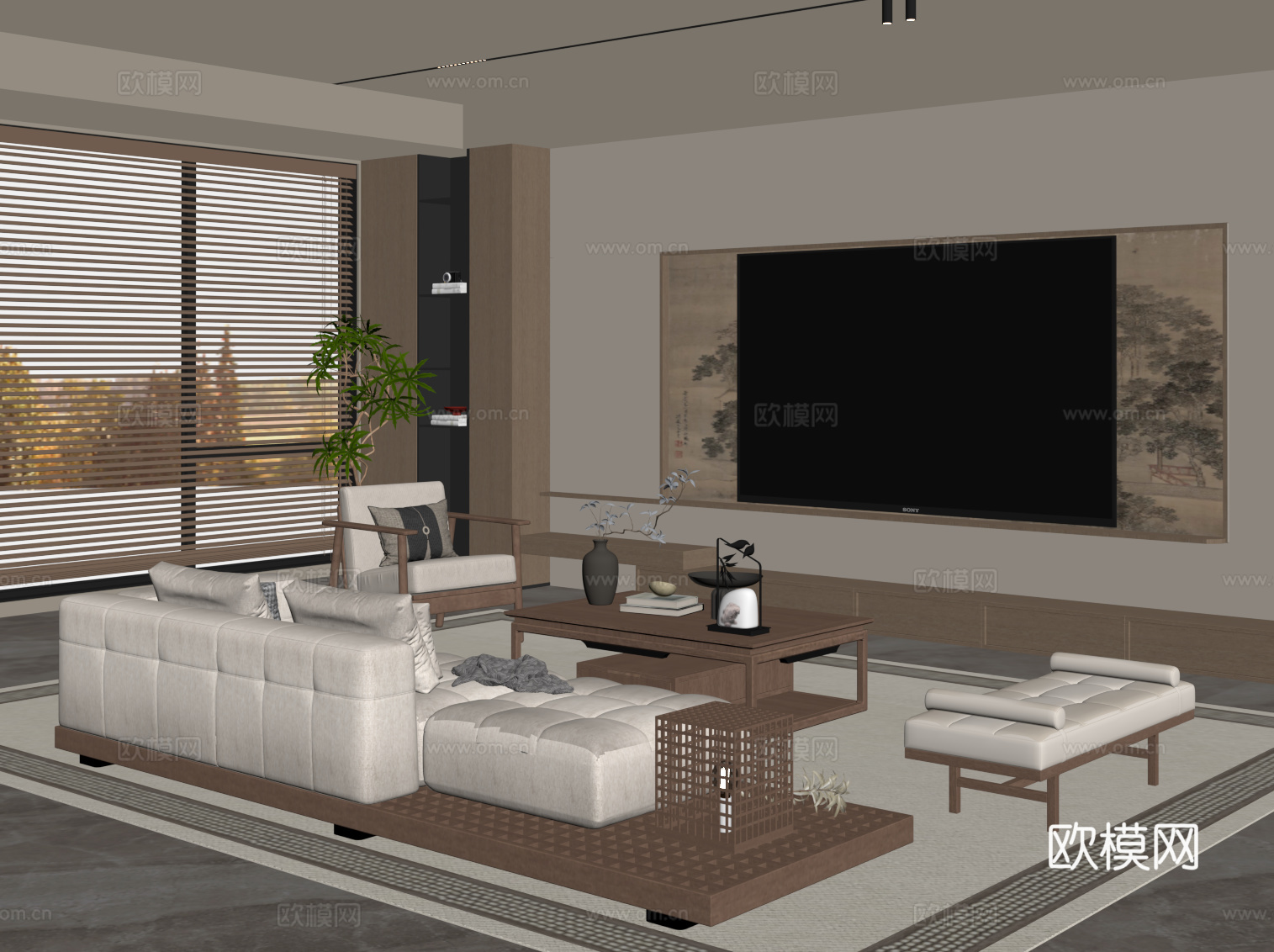 新中式客厅 沙发茶几组合 电视背景墙su模型