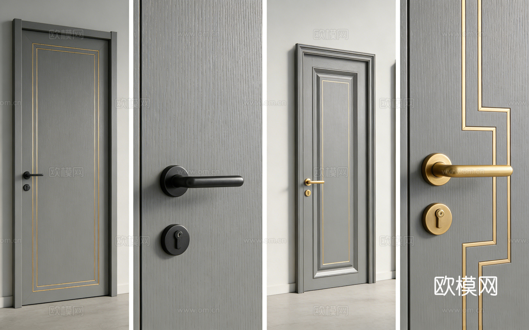 现代轻奢灰色室内门 带金色矩形装饰线条 金色把手 卧室书房门su模型