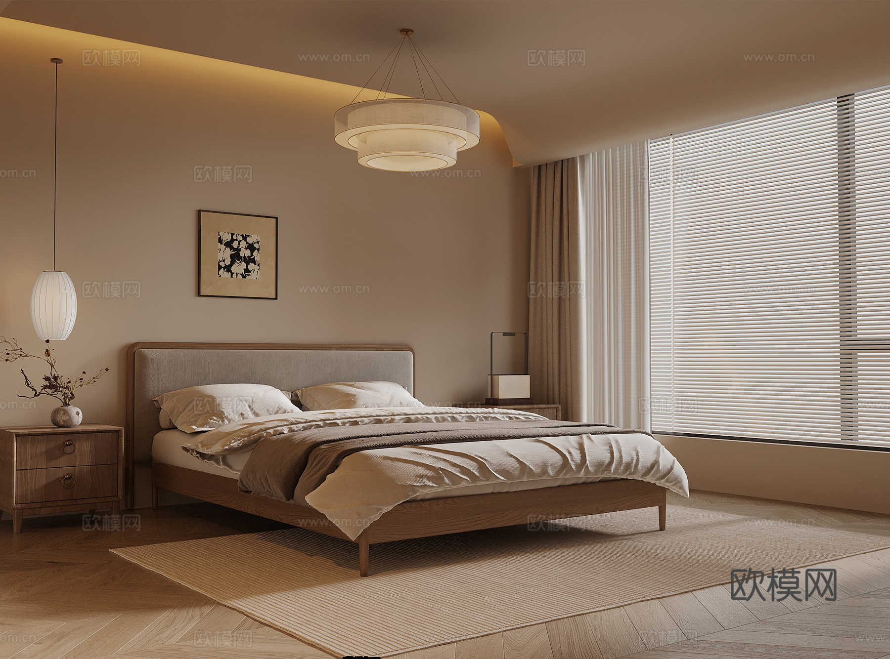 中古风卧室 床 床头柜su模型