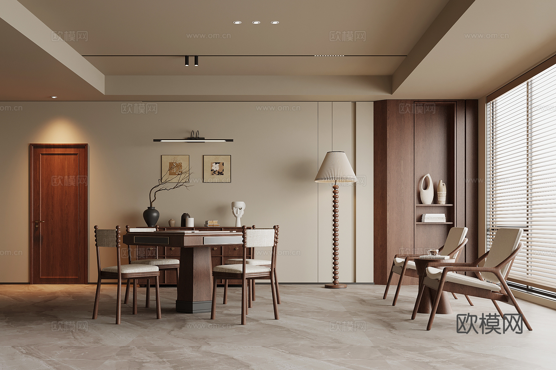 中古风棋牌室 麻将桌 边柜3d模型