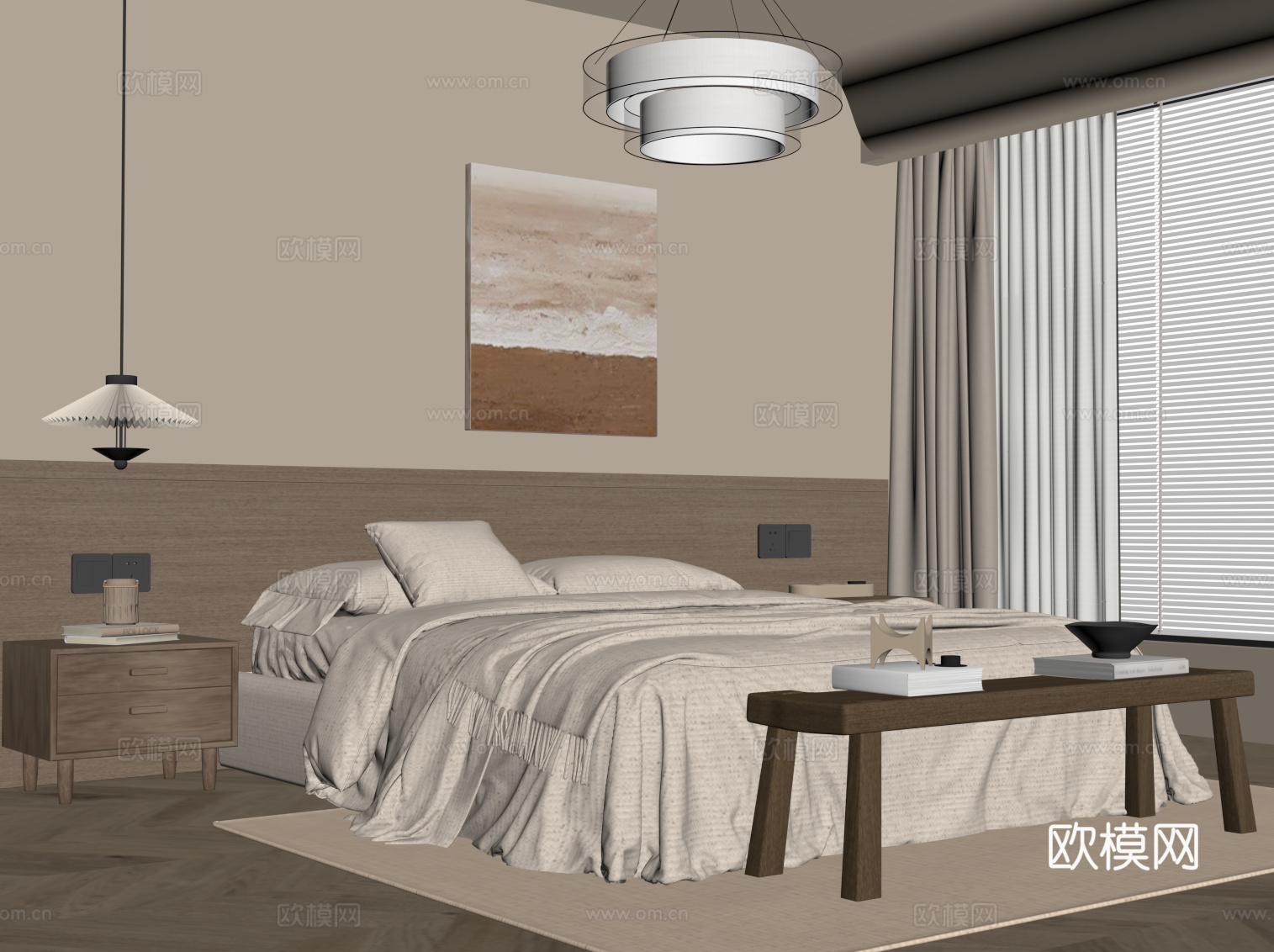 中古风卧室 床 床头柜su模型