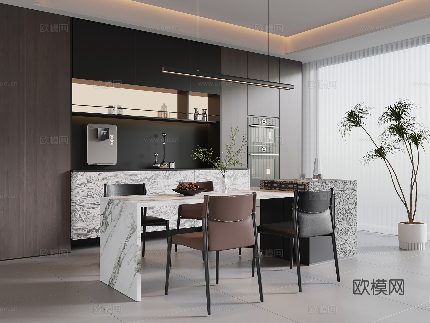 现代意式餐厅 餐桌椅 意式酒柜su模型