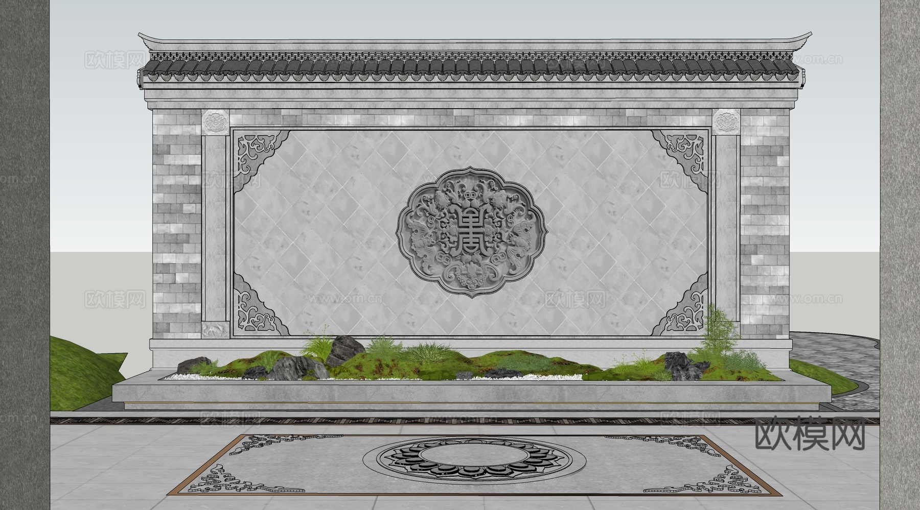 中式景墙 中式照壁墙 照壁影壁su模型