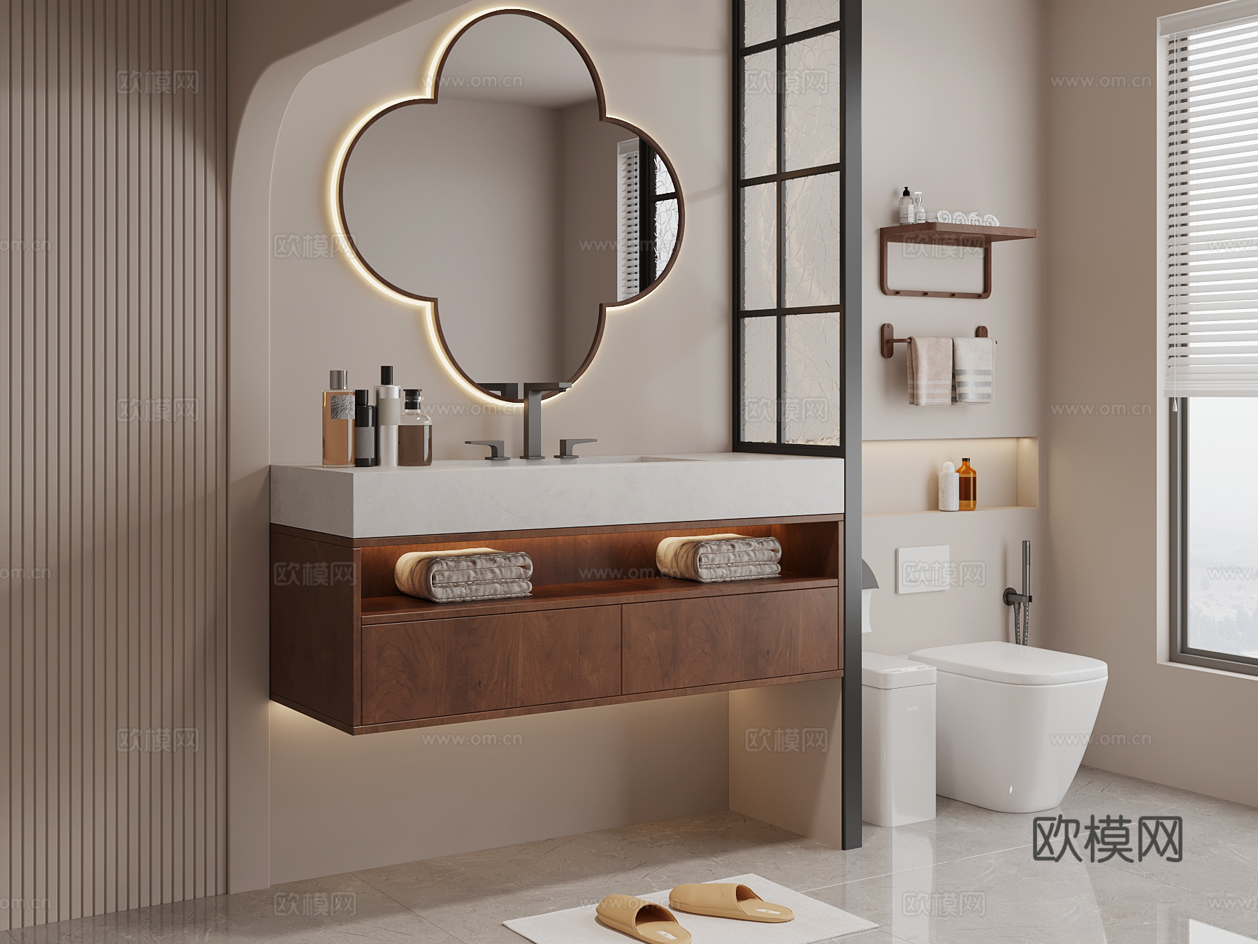 中古风卫生间 浴室柜 马桶 毛巾架su模型