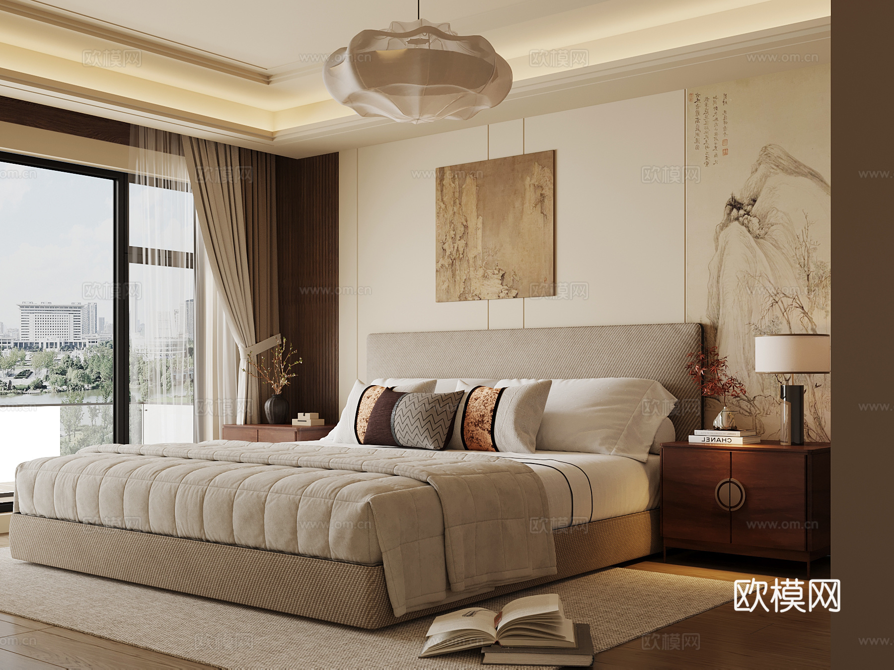 新中式卧室 双人床 床头柜 背景墙su模型