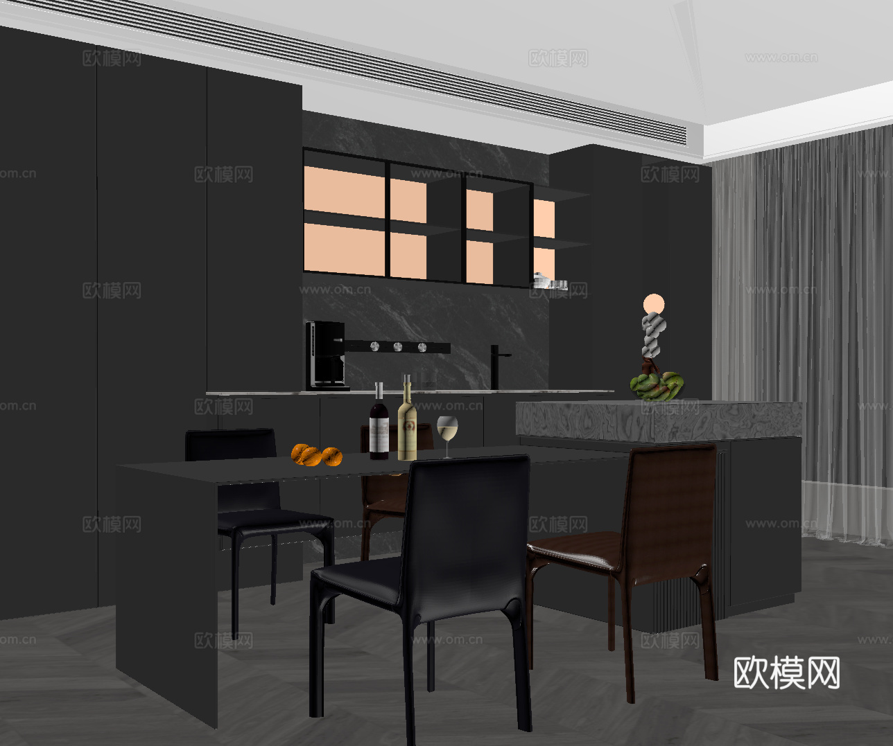 现代意式餐厅 餐桌椅 岛台 餐边柜su模型