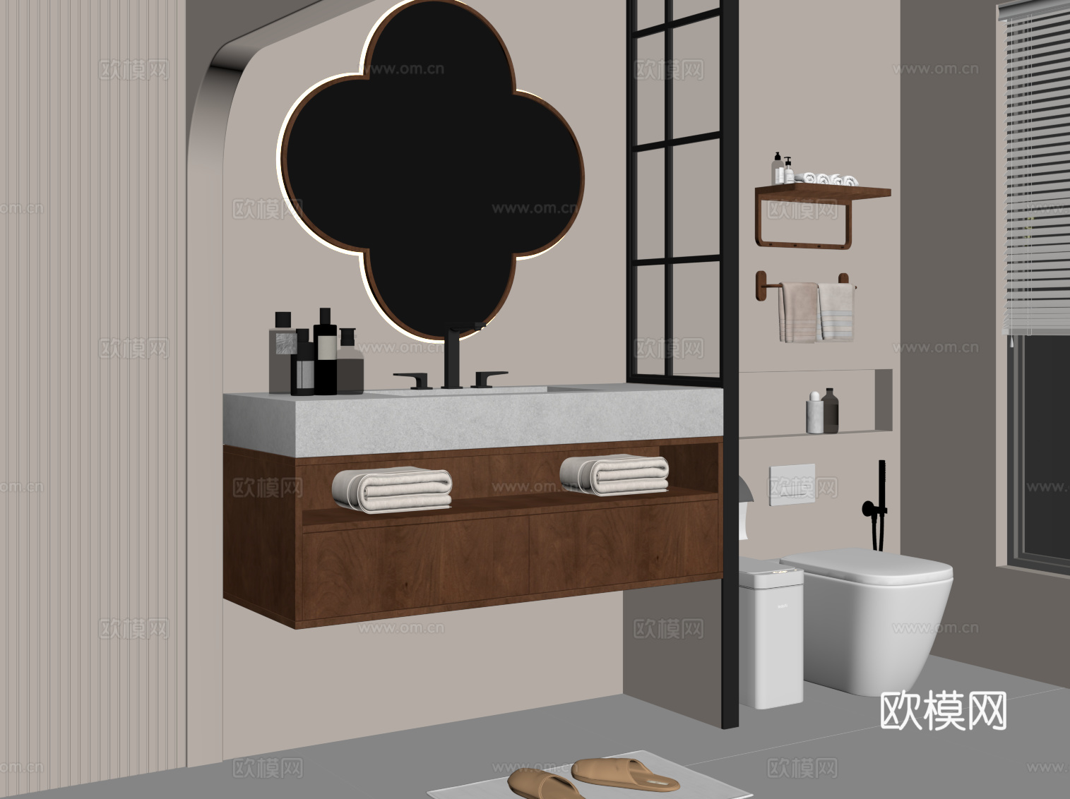 中古风卫生间 浴室柜 马桶 毛巾架su模型