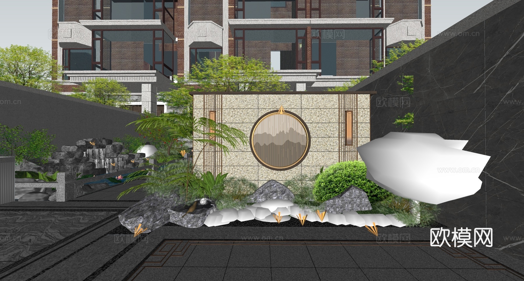 新中式景墙 庭院景观 别墅庭院su模型