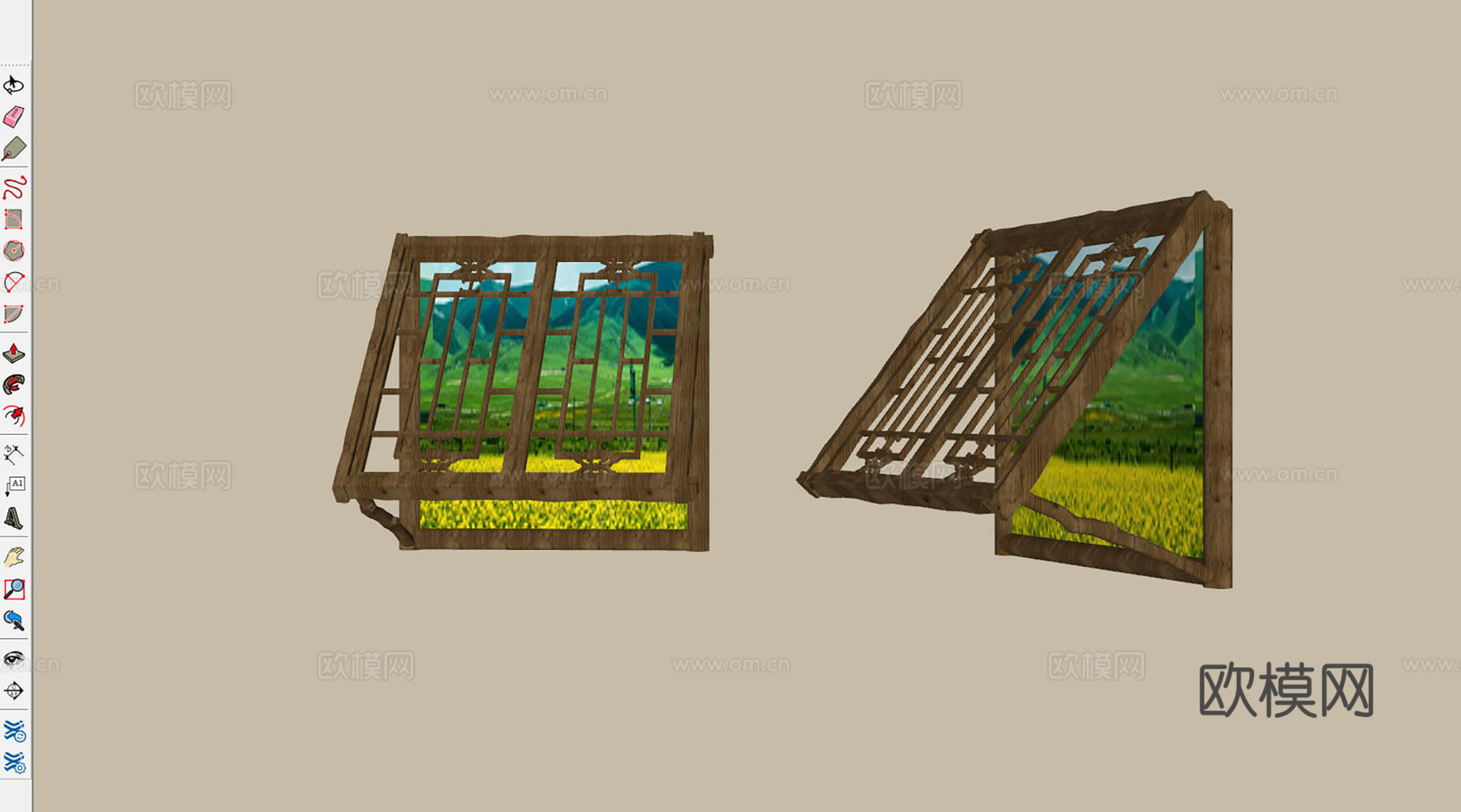 撑窗 斜窗 支撑窗 木头窗 古代斜撑窗子su模型