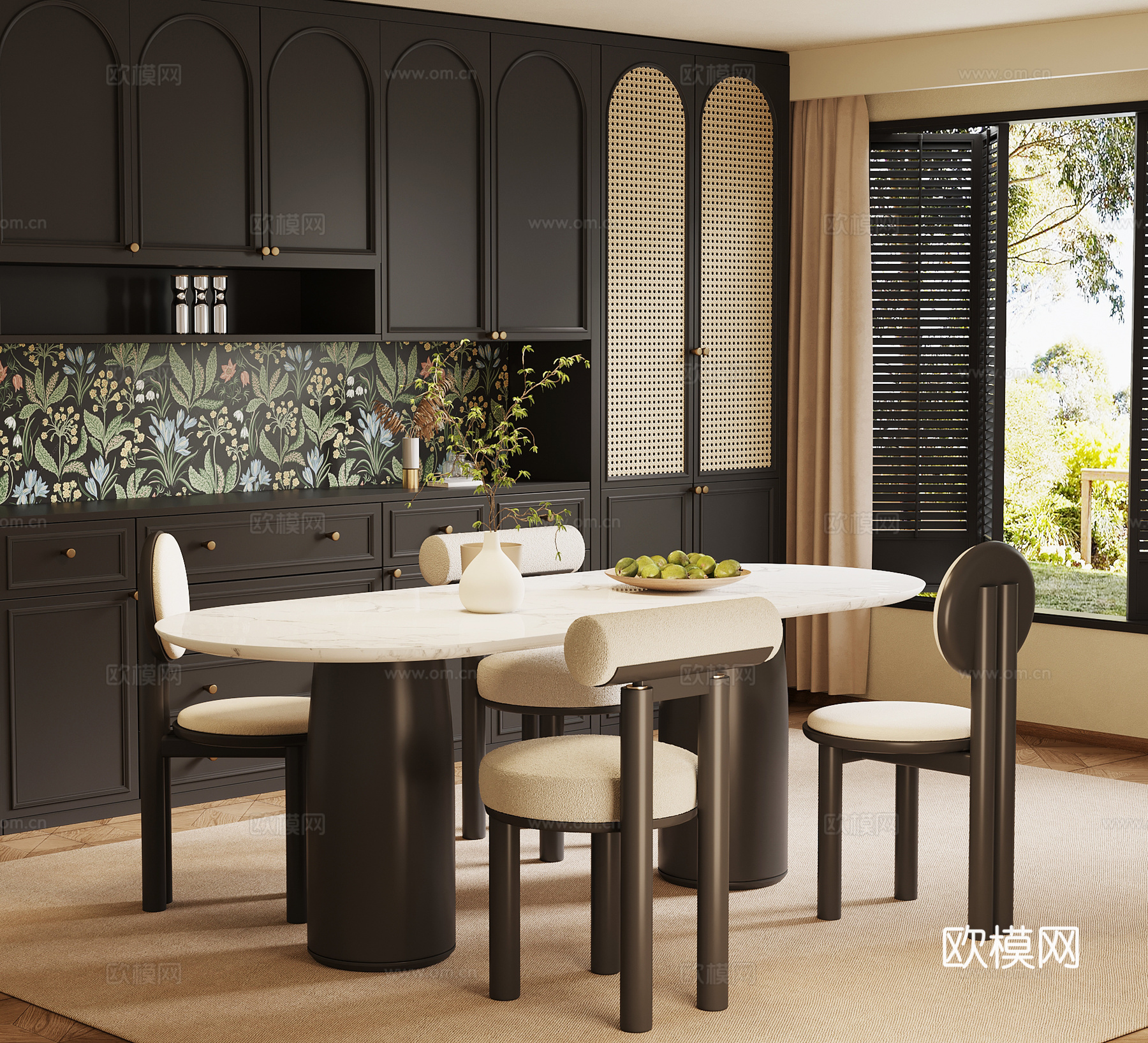 法式复古餐厅 餐桌椅 餐边柜su模型