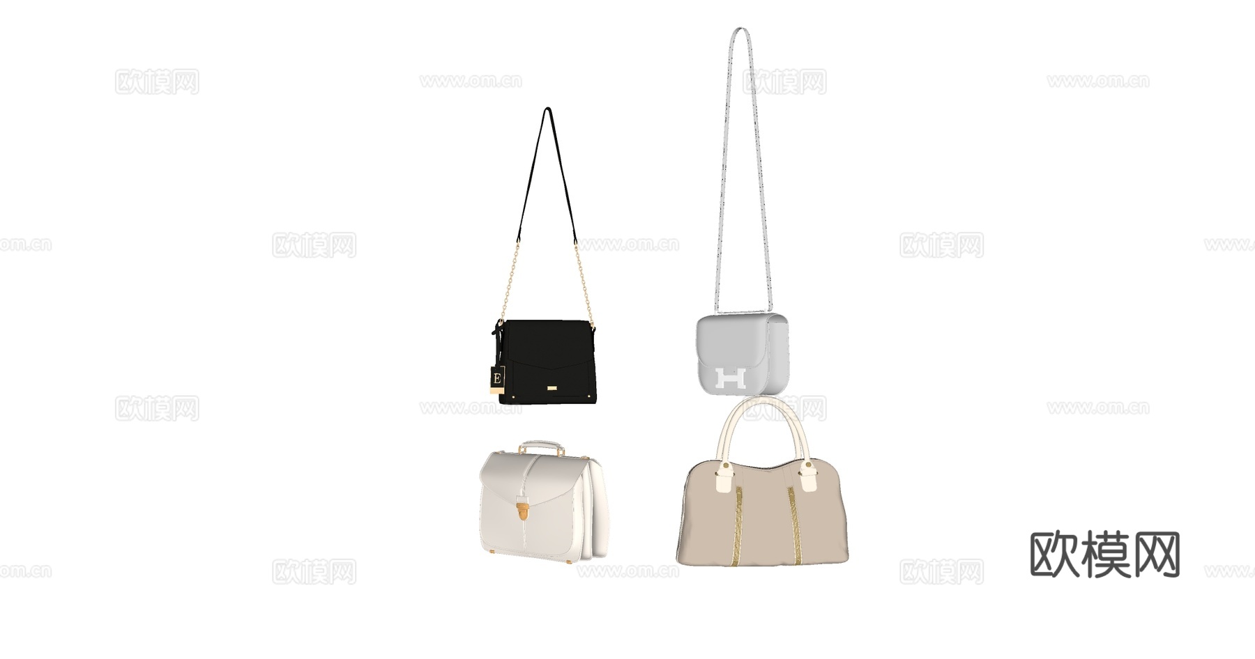 现代简约时尚箱包 商业静物 悬挂展示 黑白色手提包 链条包su模型