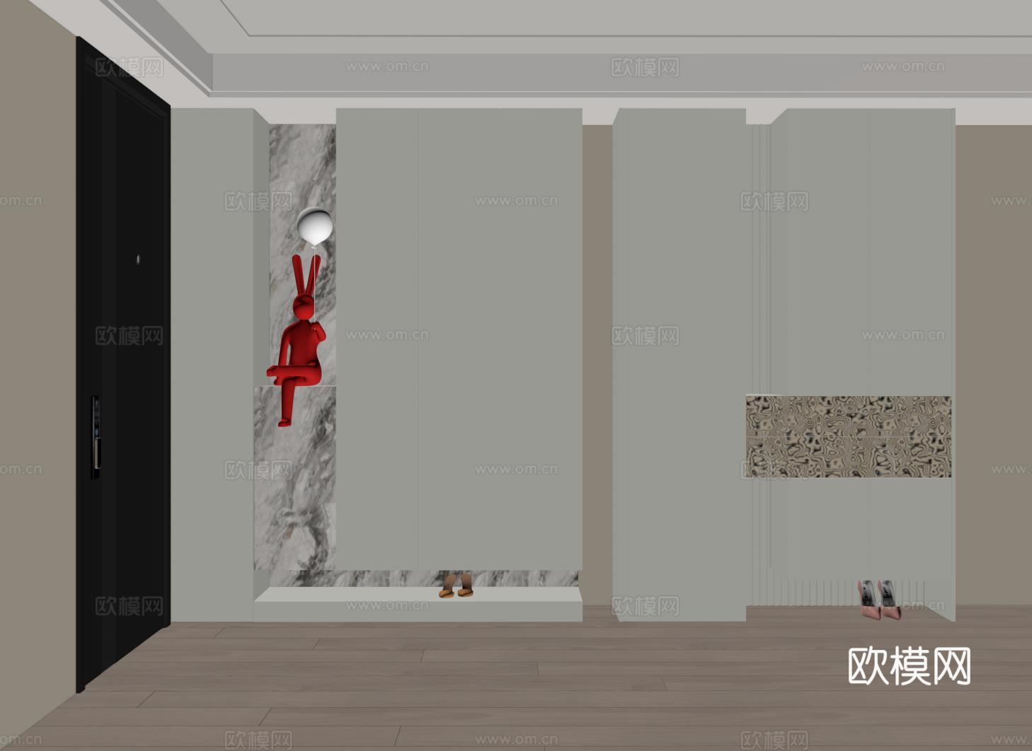 奶油风入户玄关鞋柜 隔断柜 玄关柜su模型