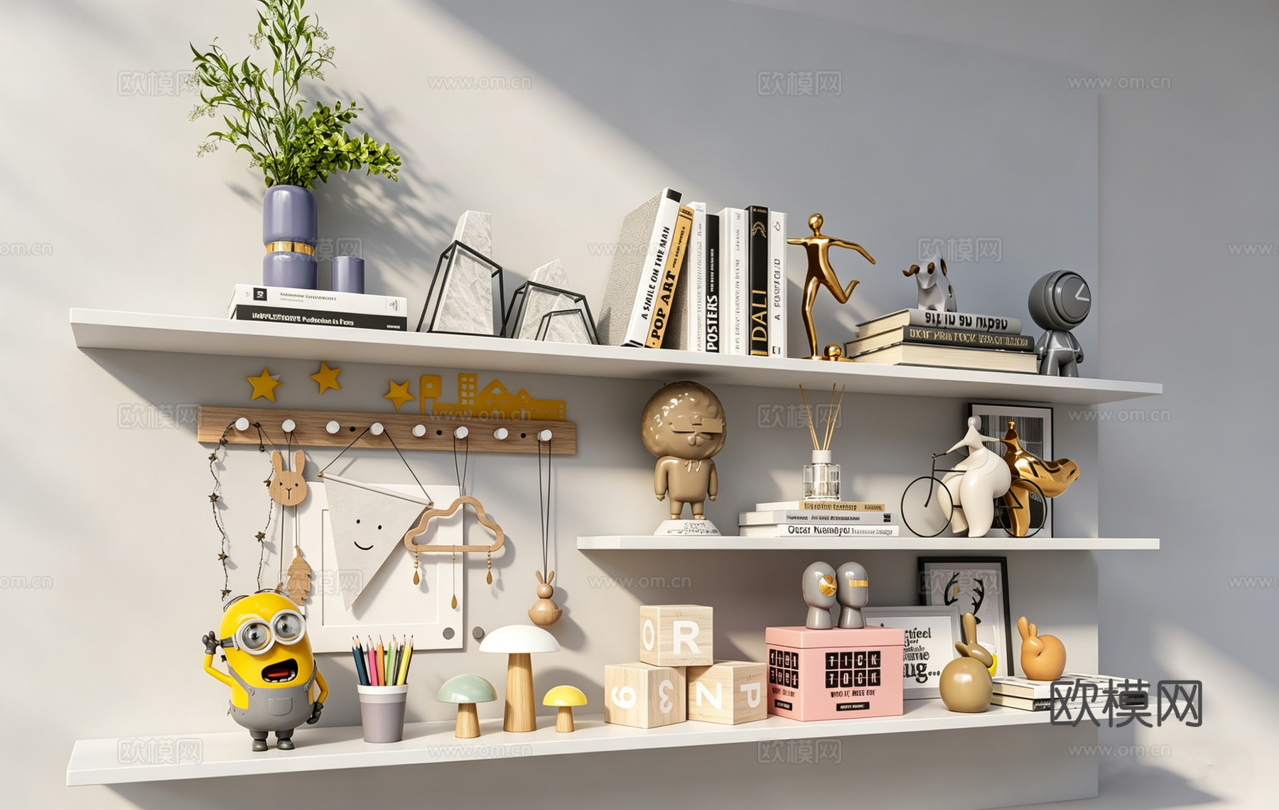 ins风波普趣味儿童房墙面收纳系统 三层架挂钩板含小黄人 摆su模型