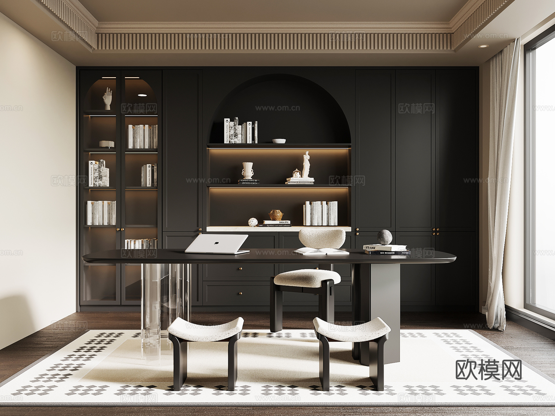 法式复古书房 书桌椅 书柜su模型