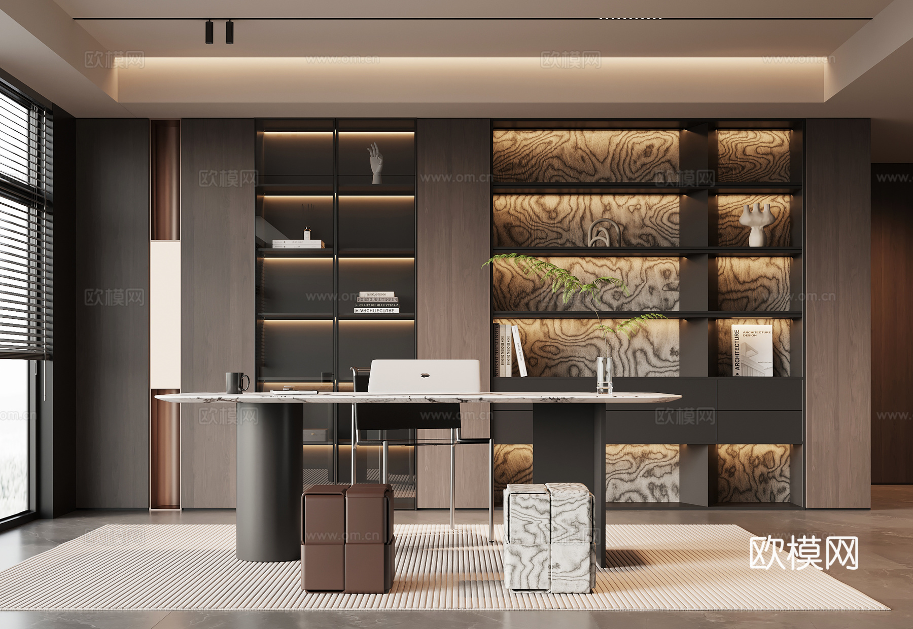 现代意式书房 书桌椅 书柜su模型