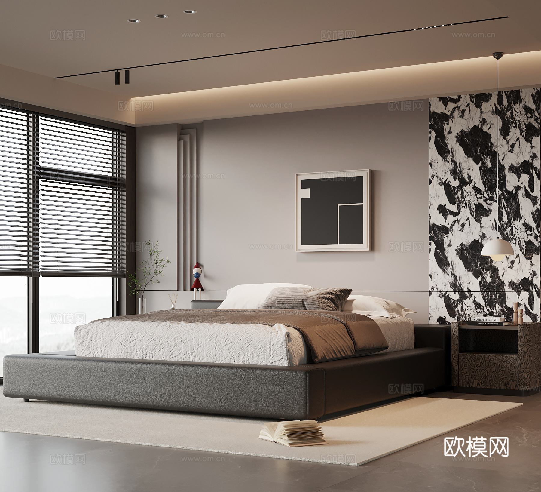 现代意式卧室 双人床 背景墙 床头柜su模型