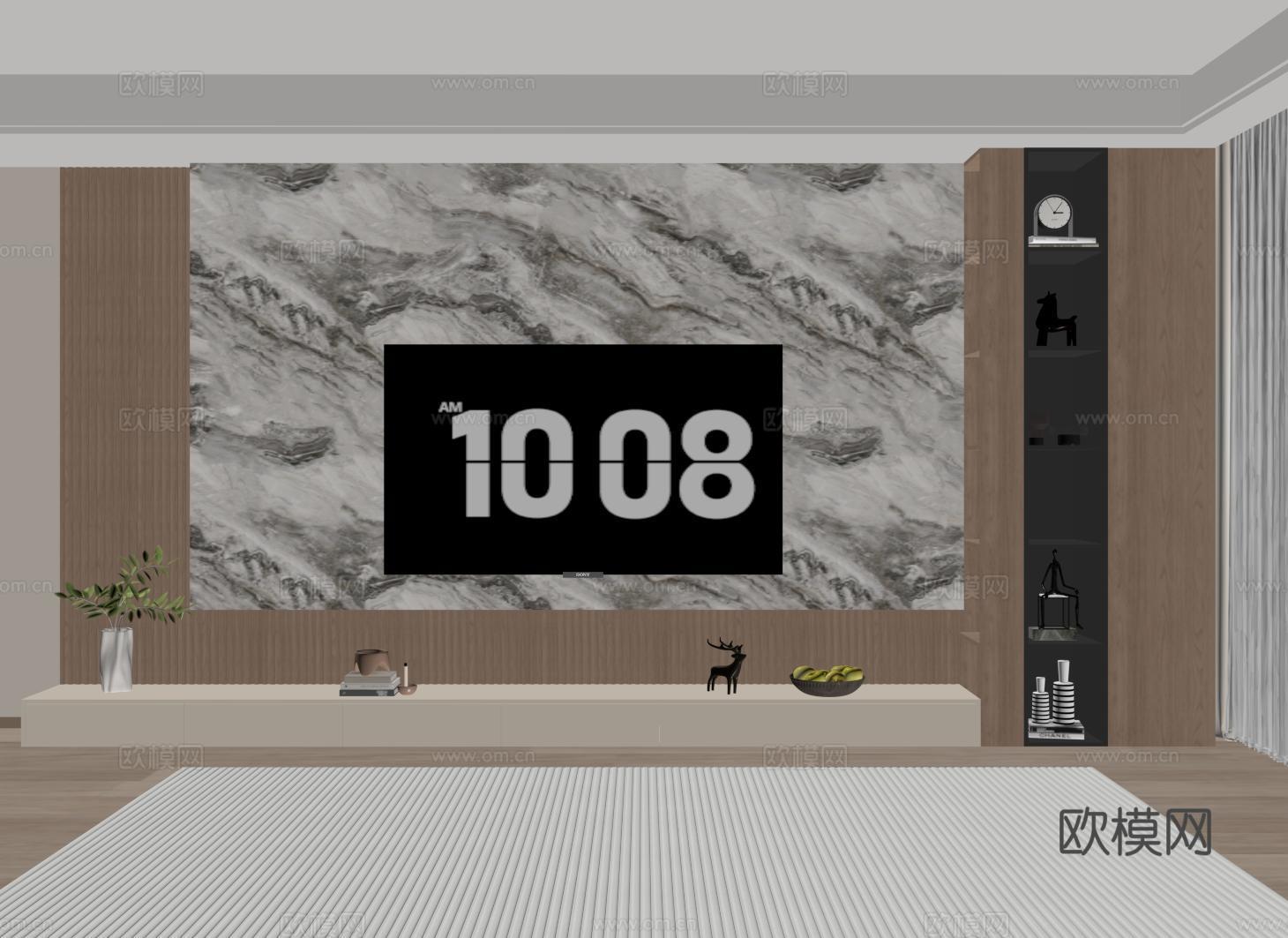 意式电视背景墙 现代岩板电视背景 木格栅 开放格电视柜一体su模型