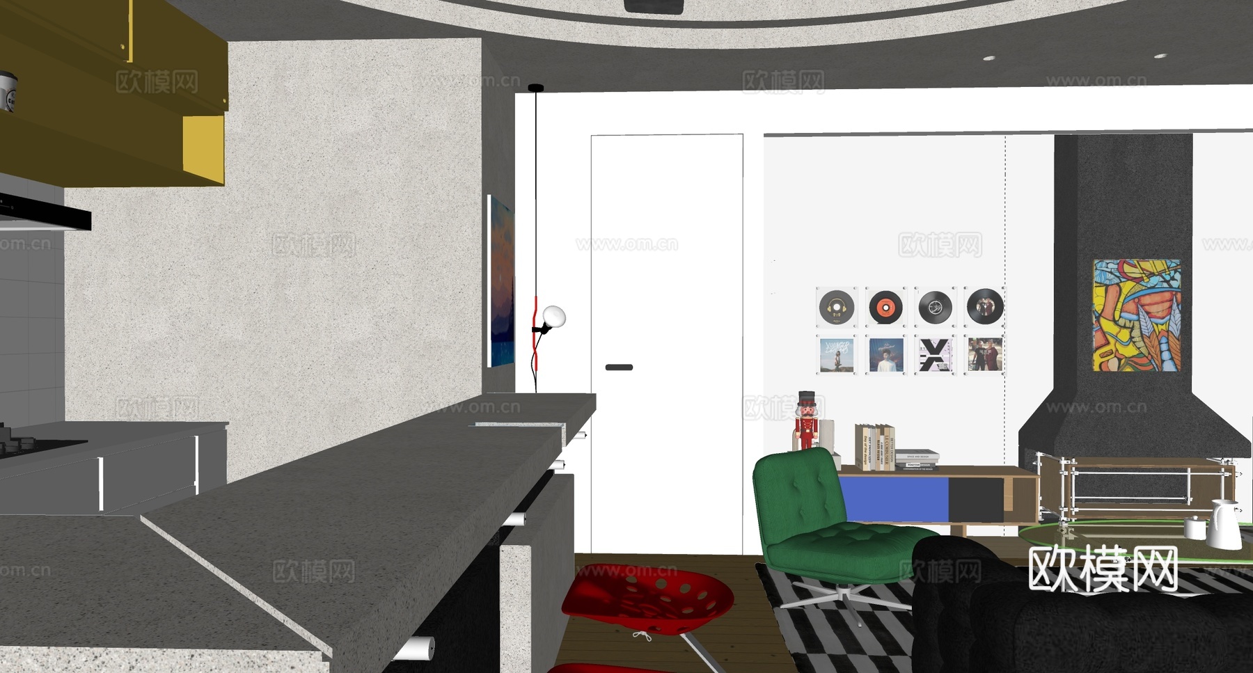 现代客餐厅 包豪斯客 中古客椅组合 小公寓su模型