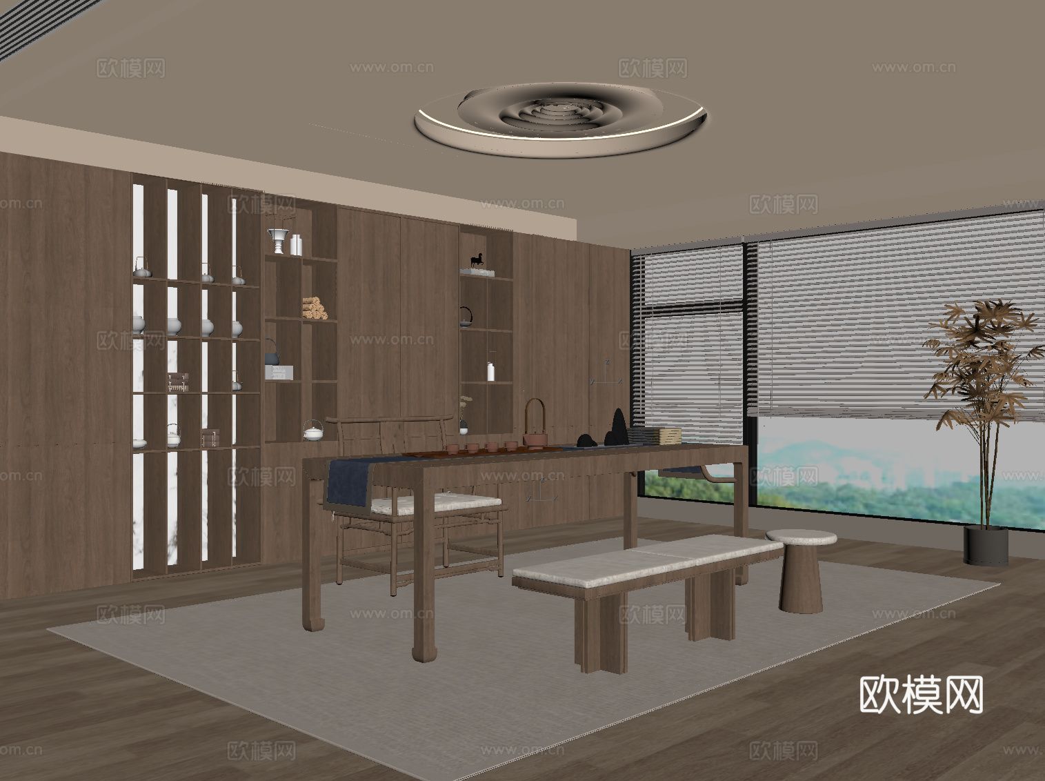新中式茶室 实木茶桌椅 茶柜su模型
