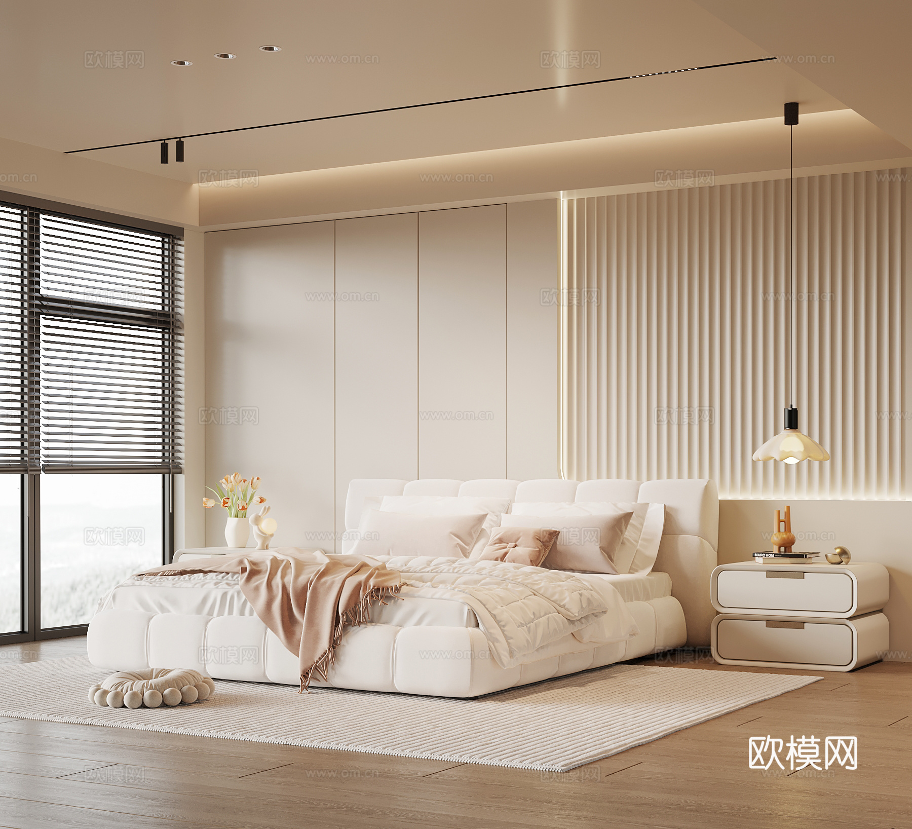 现代奶油风卧室 双人床 背景墙 床头柜su模型