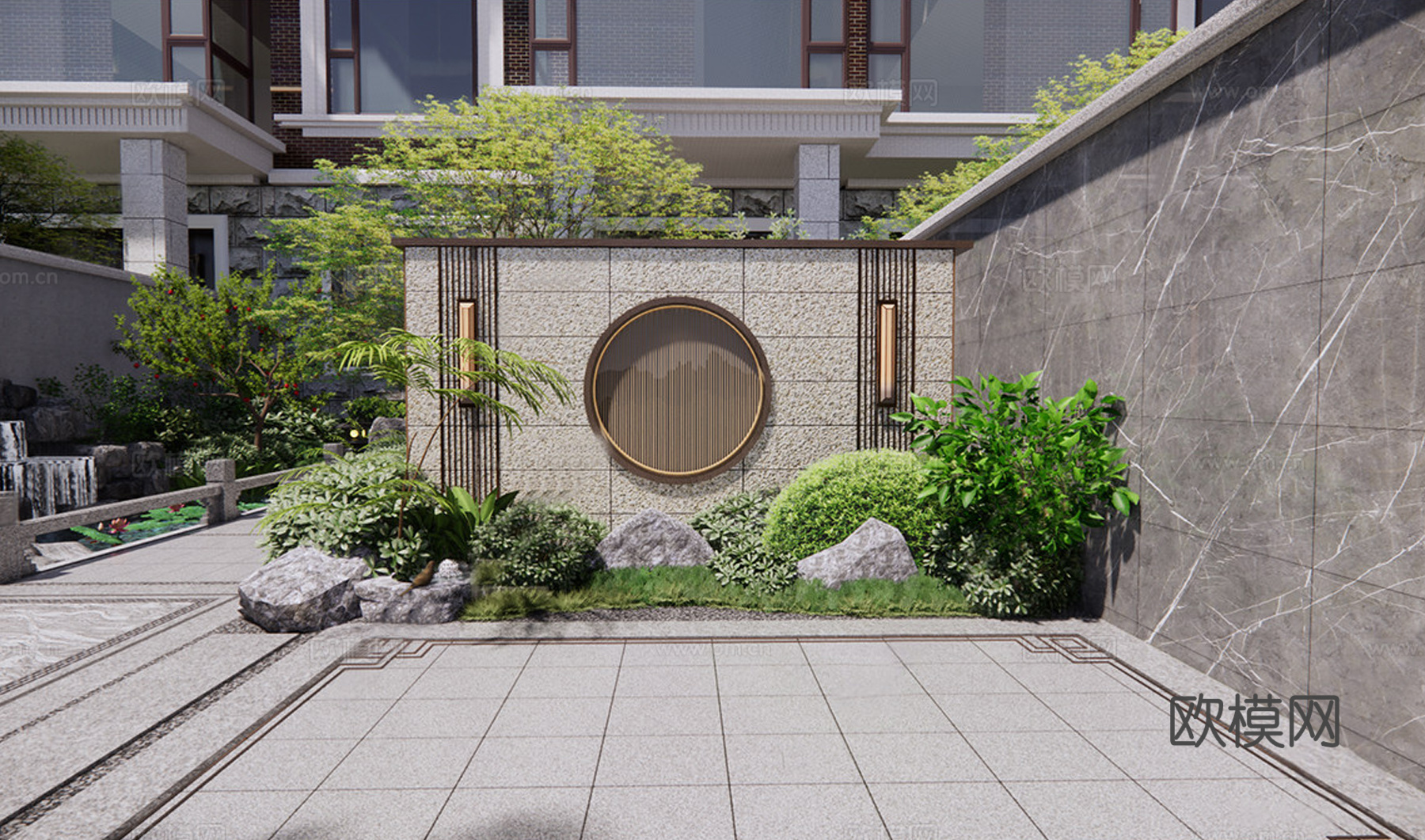 新中式景墙 庭院景观 别墅庭院su模型