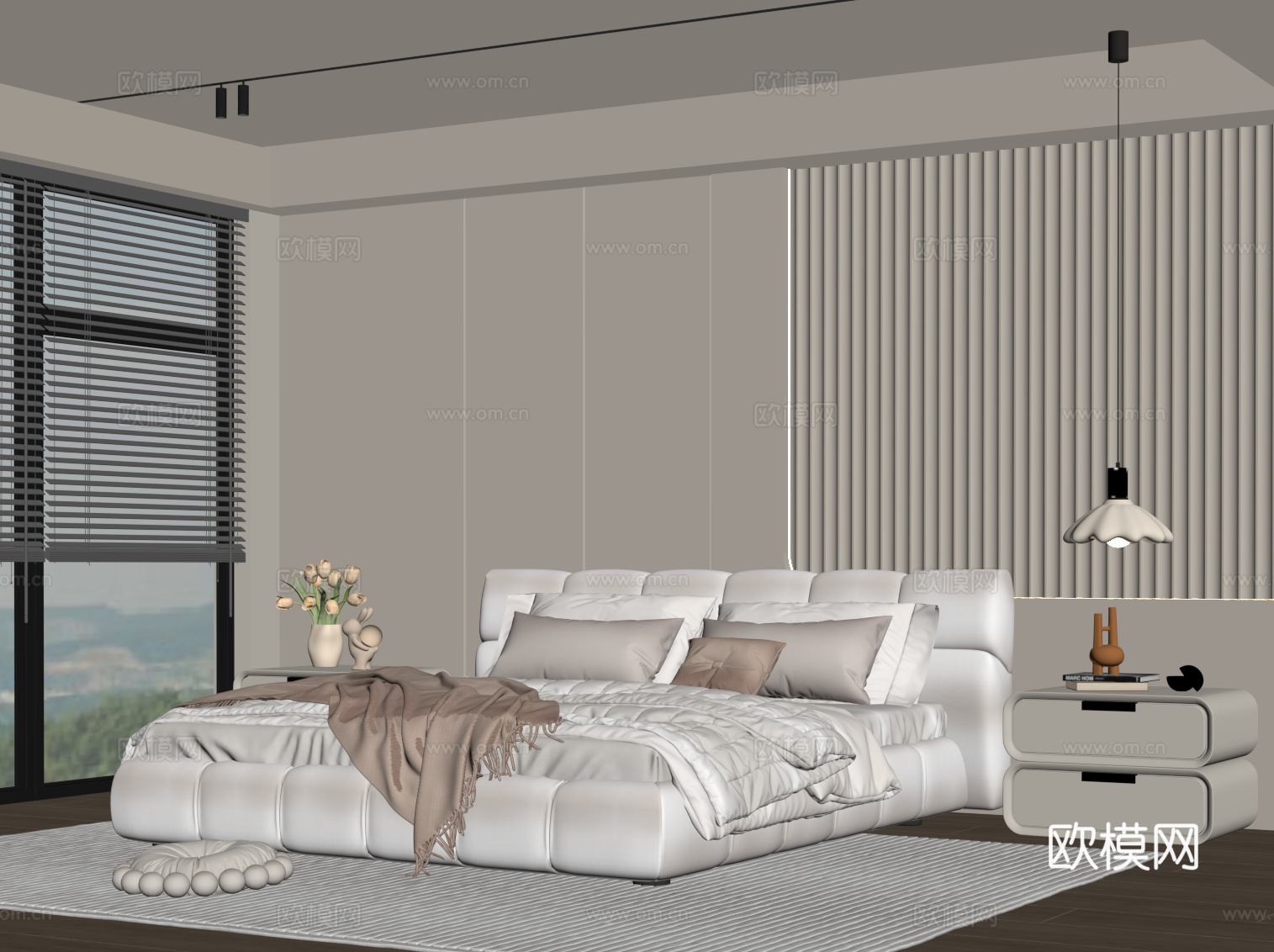 现代奶油风卧室 双人床 背景墙 床头柜su模型