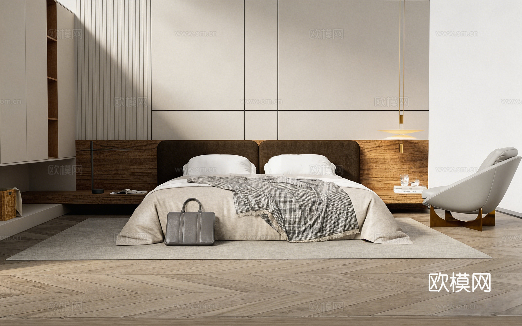 现代简约温馨主卧场景 深棕色高床头软包床 格子毯 人字拼地板su模型