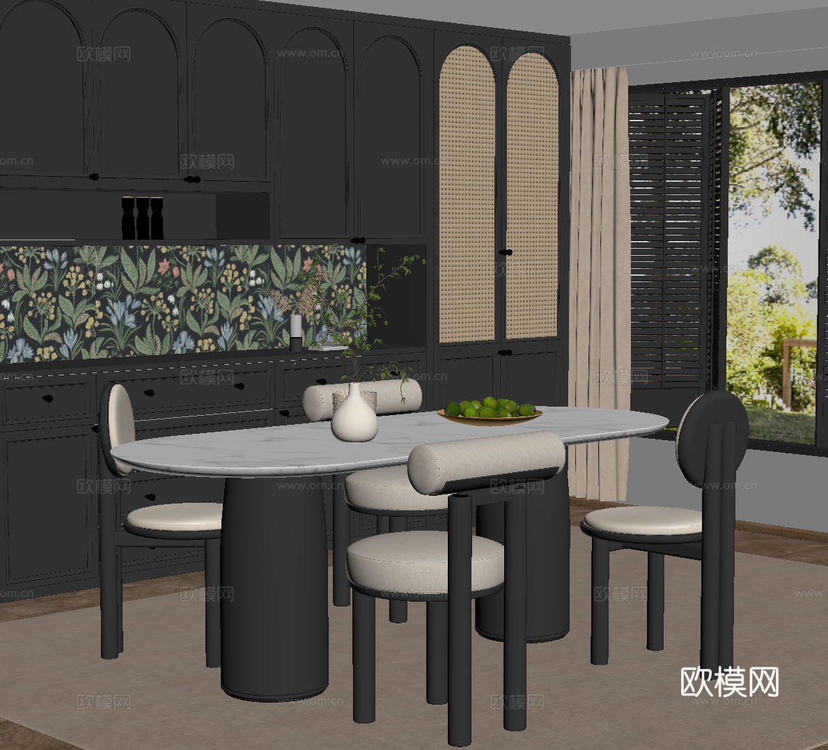 法式复古餐厅 餐桌椅 餐边柜su模型
