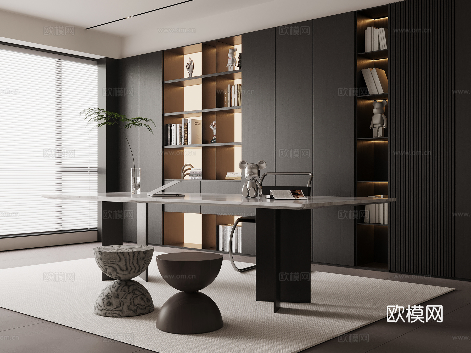 现代意式书房 书桌椅 书柜su模型