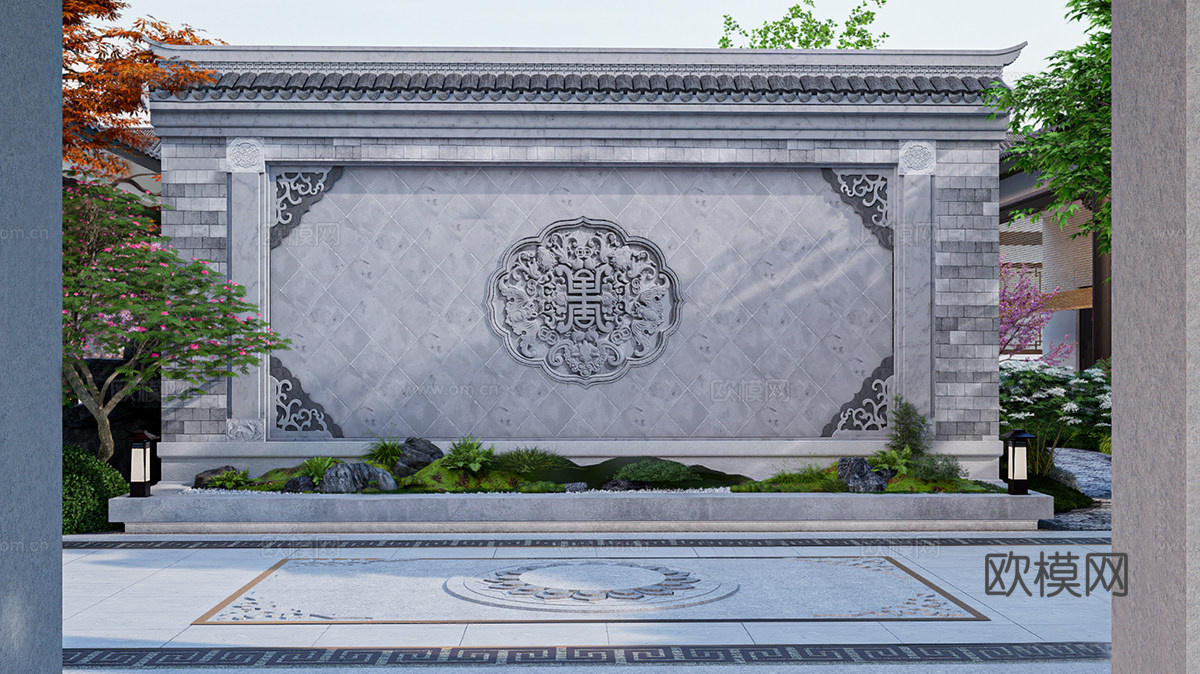 中式景墙 中式照壁墙 照壁影壁su模型