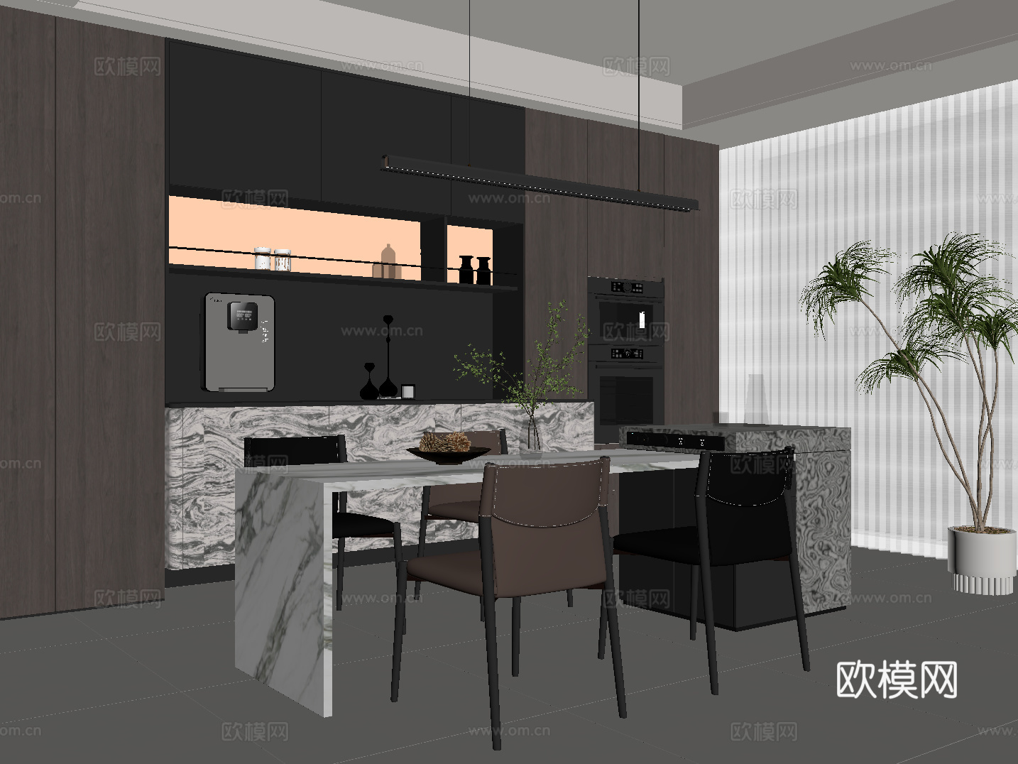 现代意式餐厅 餐桌椅 意式酒柜su模型