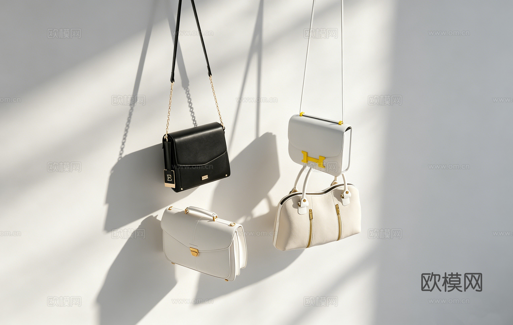 现代简约时尚箱包 商业静物 悬挂展示 黑白色手提包 链条包su模型